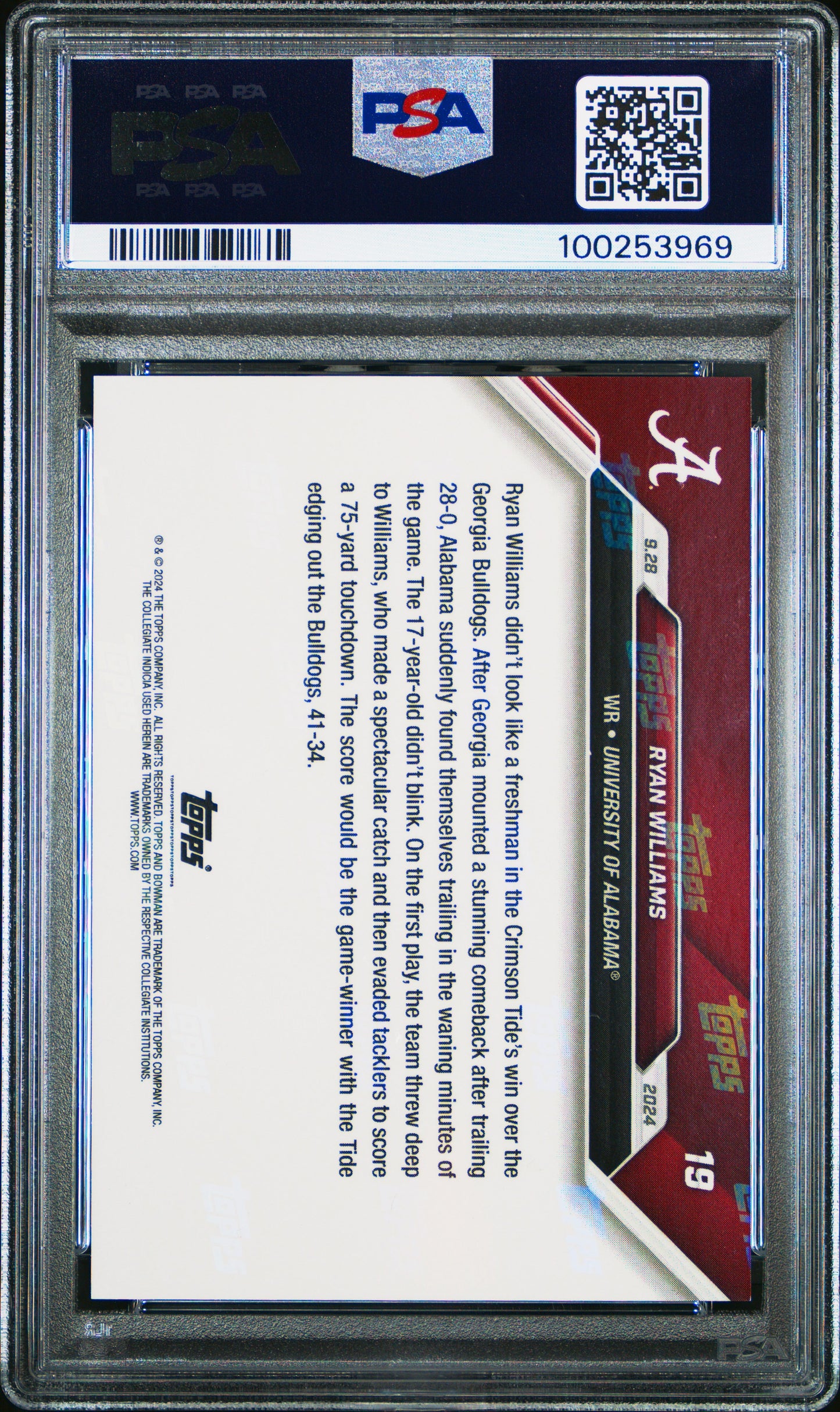2024 Bowman U Now - Ryan Williams #19 b - Alabama WR - PSA 10
