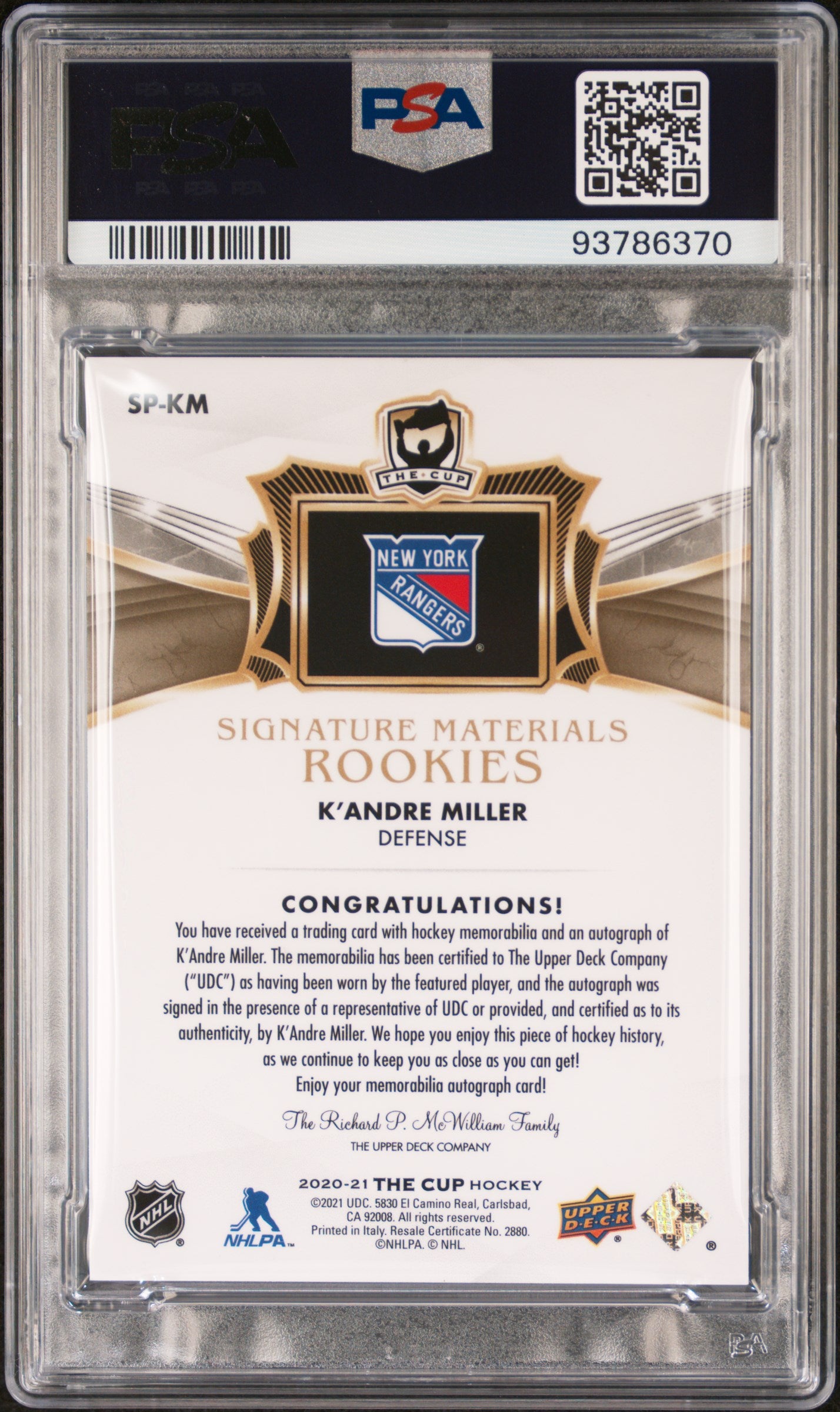 2020 Upper Deck The Cup Signature Materials K'andre Miller #SPKM PSA 9 RPA