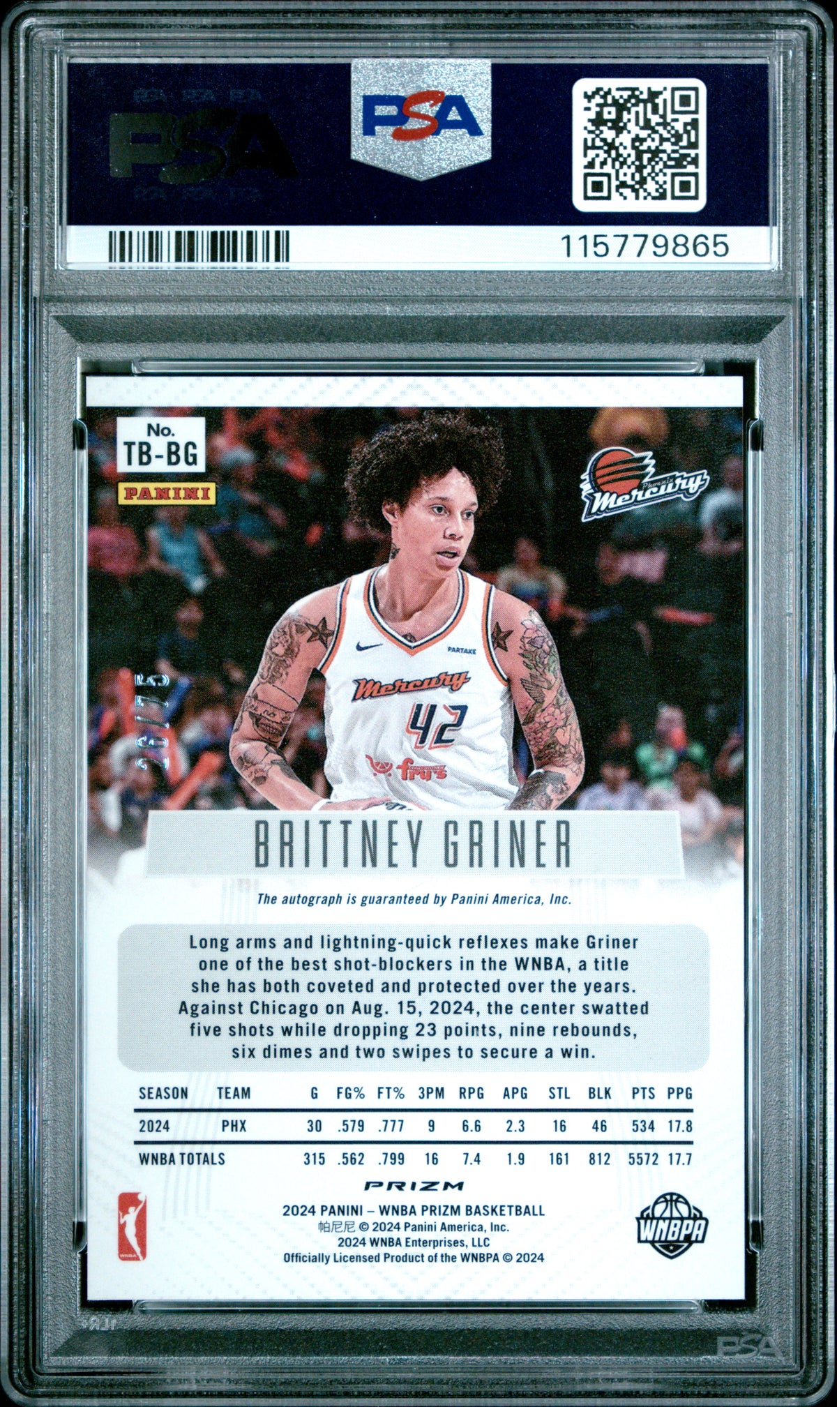 2024 Panini Prizm WNBA- Brittney Griner - Thrwbck AUTO Blue /75 - PSA - AUTO /75