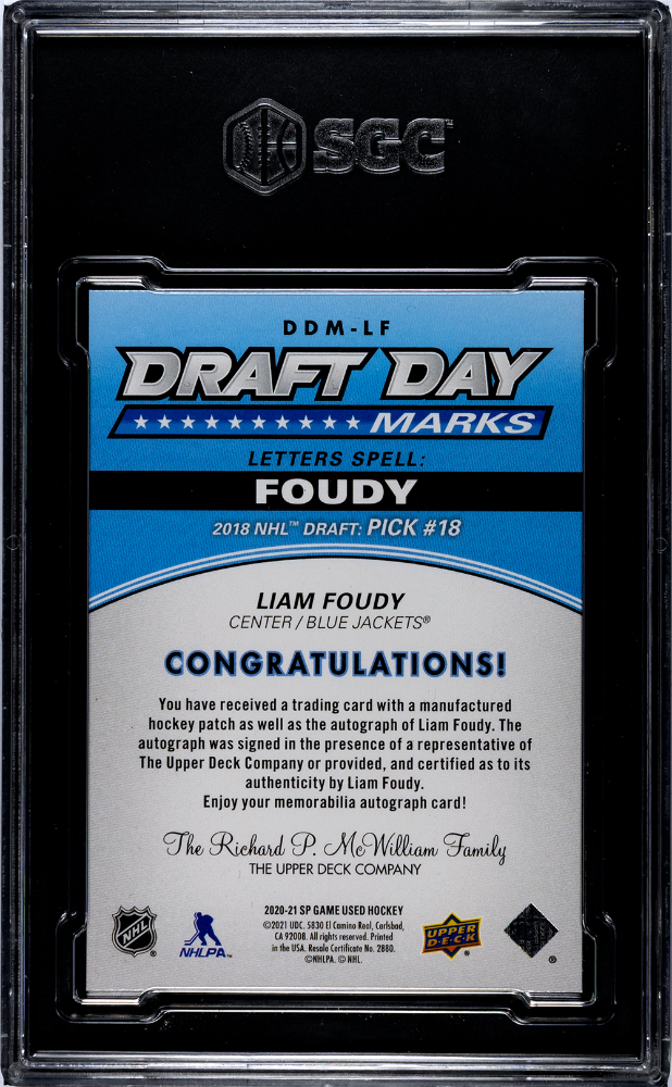 2020 Upper Deck SP Game Used - Liam Foudy - Draft Day Marks "U" /35 - SGC 10