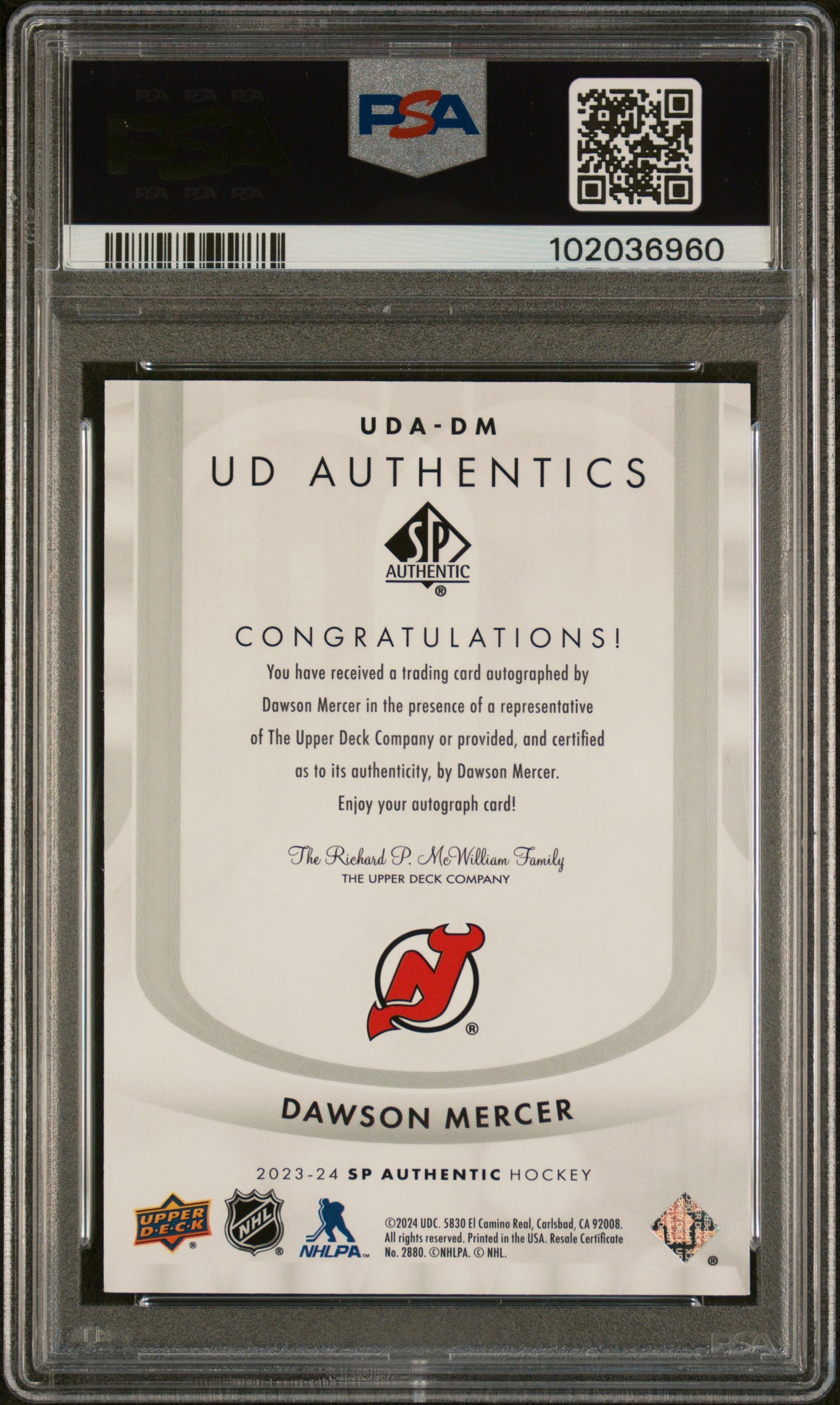 2023 SP Authentic - Dawson Mercer #UDADM - UD Authentics Autographs - PSA AUTO