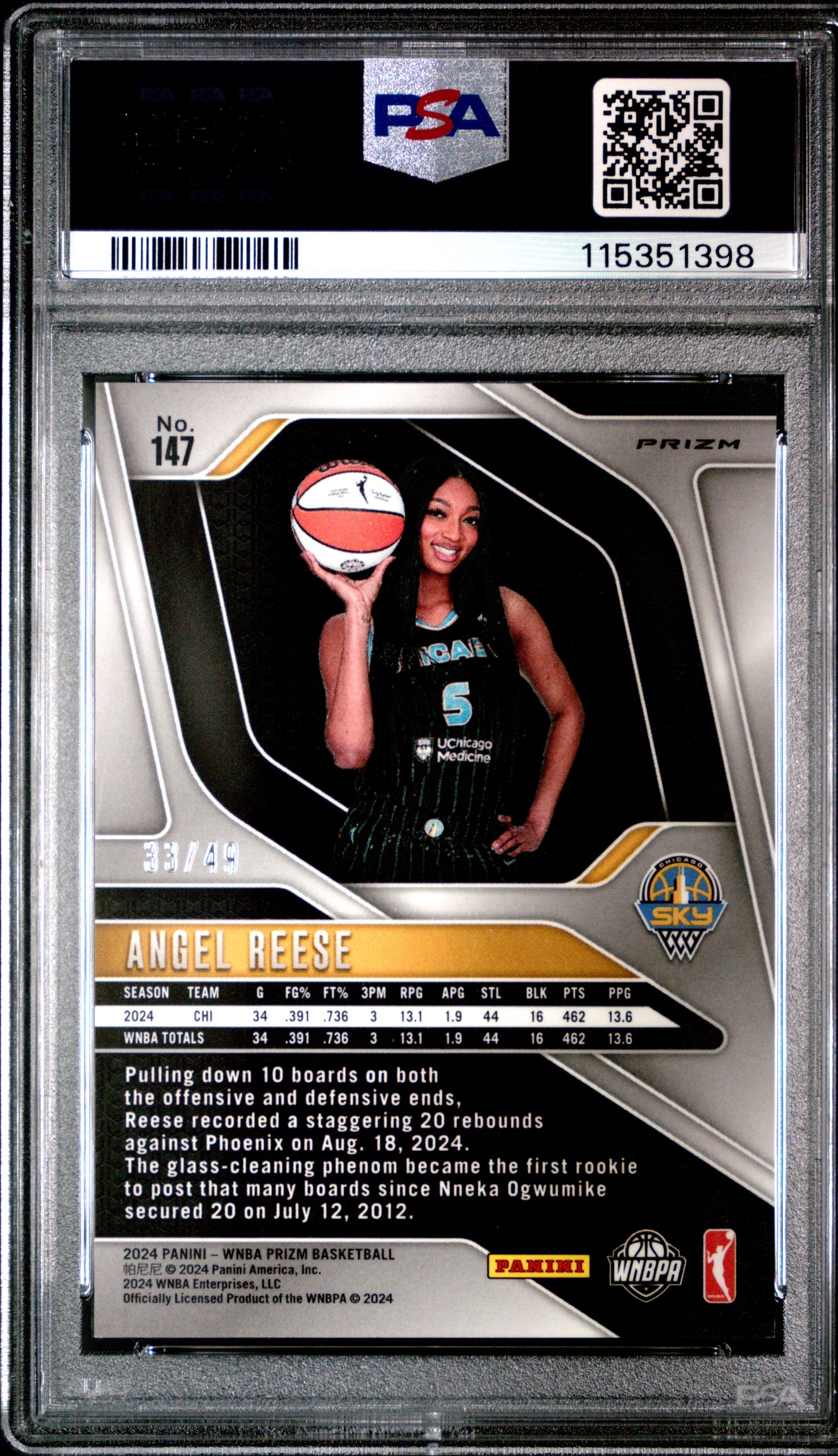 2024 Panini Prizm - WNBA Angel Reese #147 - Teal Prizm /49 - ROOKIE - PSA - /49