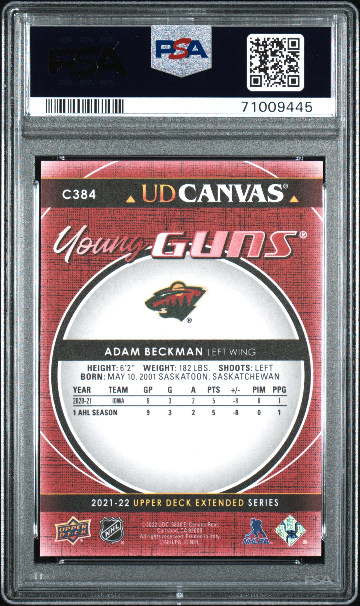 2021 Upper Deck - Adam Beckman #C384 - UD CANVAS YOUNG GUNS ROOKIE - PSA 10