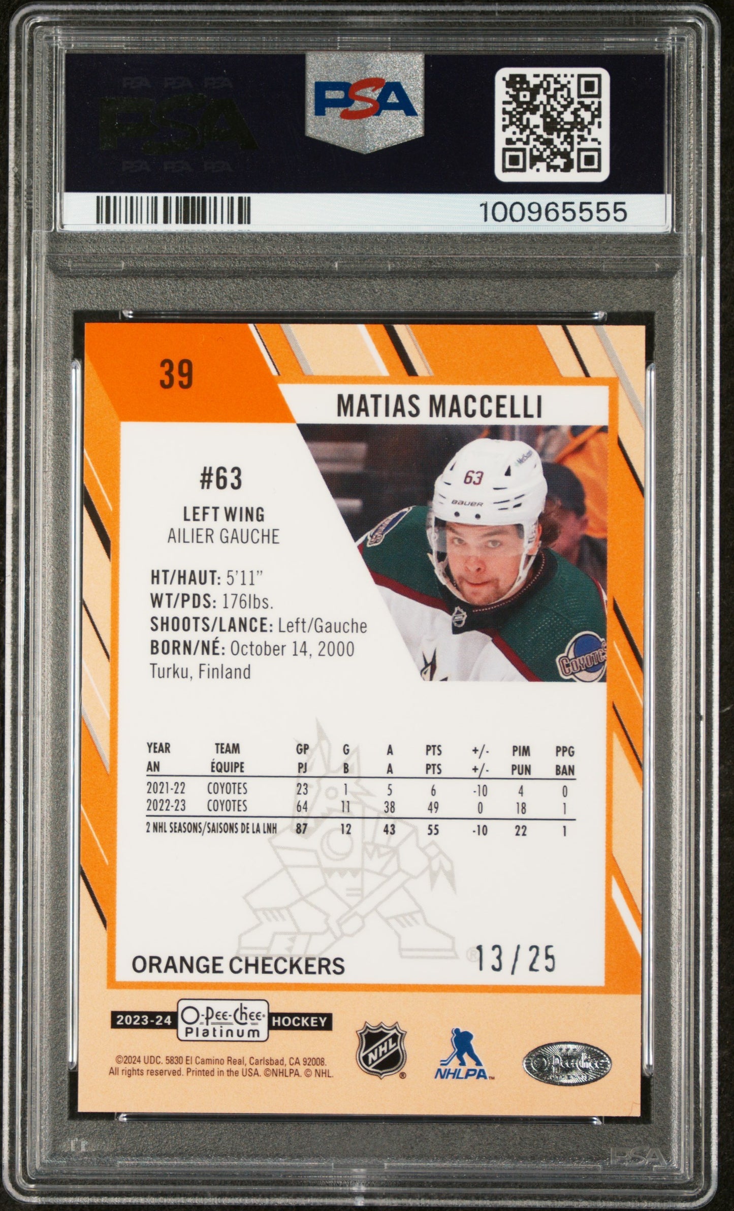 2023 O-Pee-Chee Platinum - Matias Maccelli #39 - Orange Checkers /25 - PSA 10