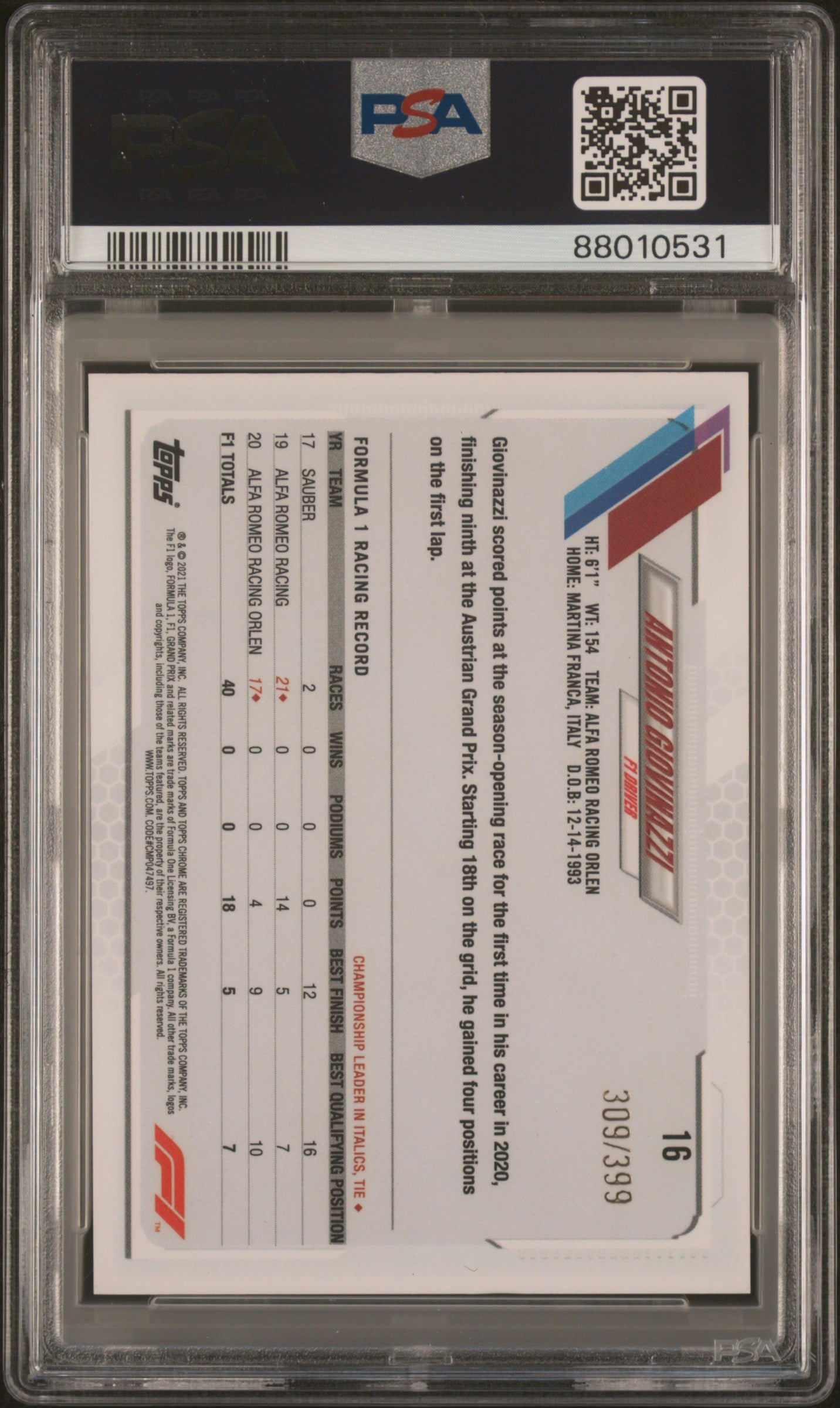 2021 Topps Chrome Formula 1 Antonio Giovinazzi #16 PSA 8 - /399, ## 309/399
