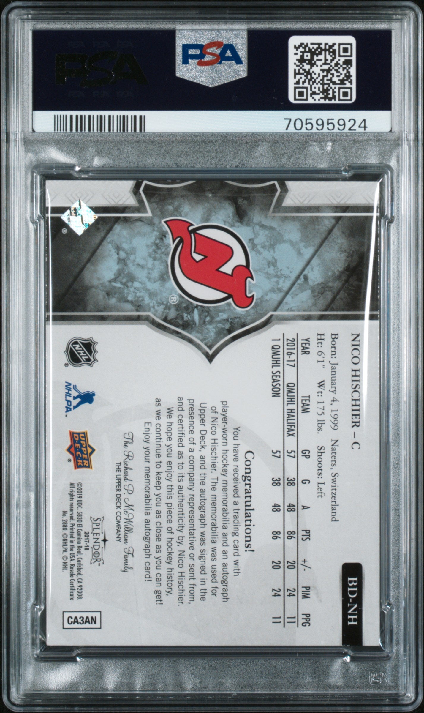 2019 Upper Deck The Cup Update - Nico Hischier - '17 18 Splendor Auto - PSA 9