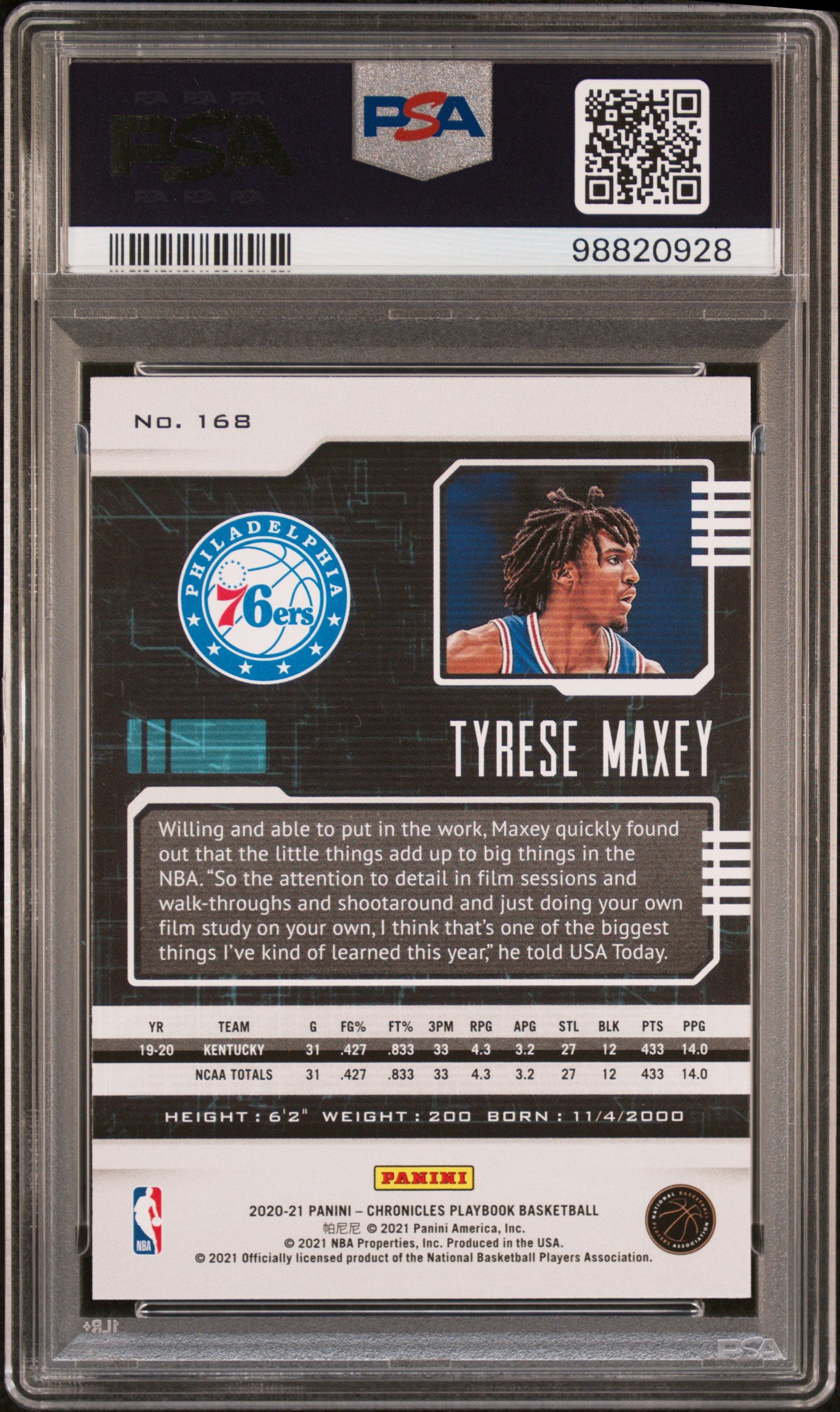 2020 Panini Chronicles Tyrese Maxey ROOKIE #168 PSA 9