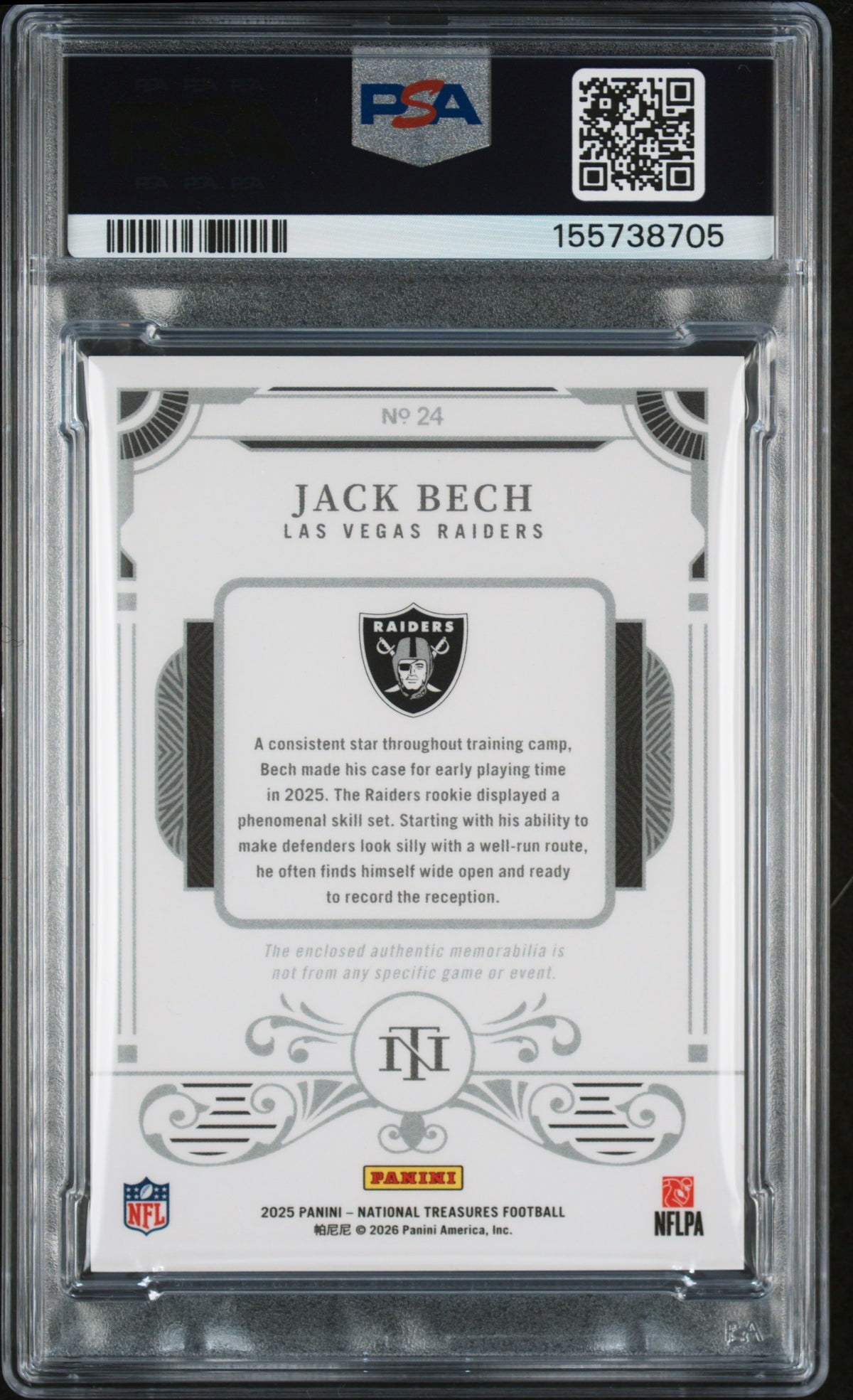 2025 National Treasures - Jack Bech - ROOKIE NFLPA Patch - Holo Gold /10 - PSA 9