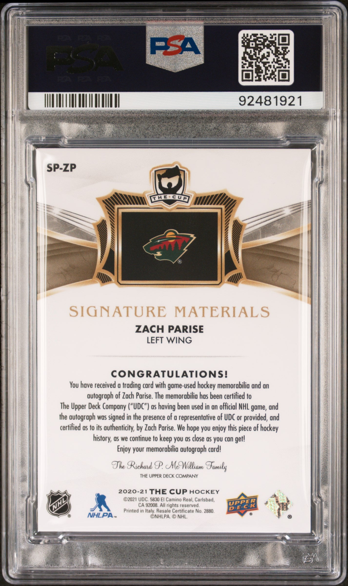 2020 Upper Deck The Cup Zach Parise #SPZP Signature Materials PSA 7