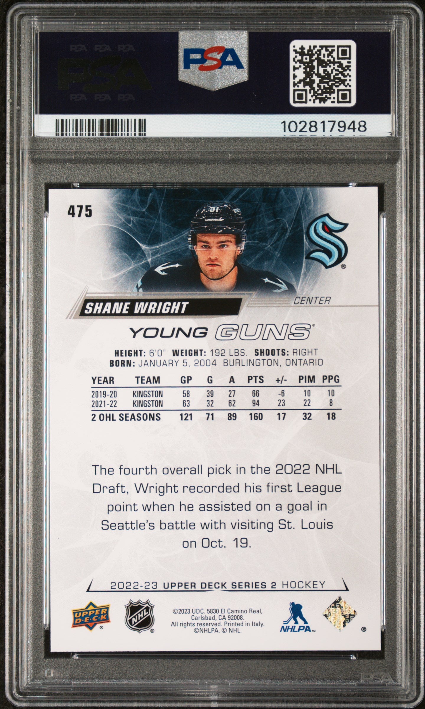 2022 Upper Deck Shane Wright #475 PSA 9