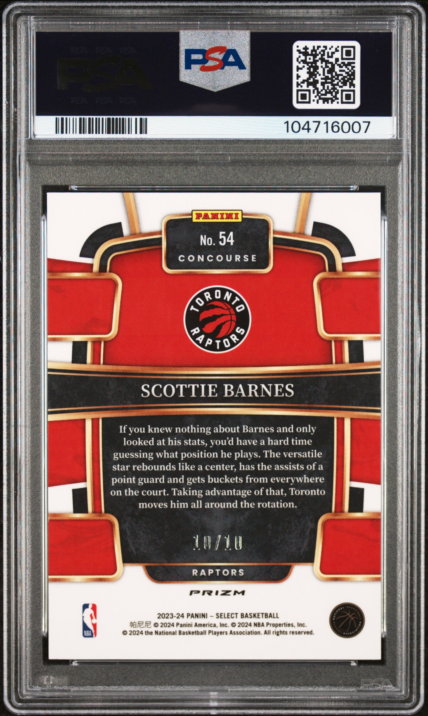 2023 Panini Select #54 - Scottie Barnes /10 - Gold Cracked Ice /10 - PSA 9