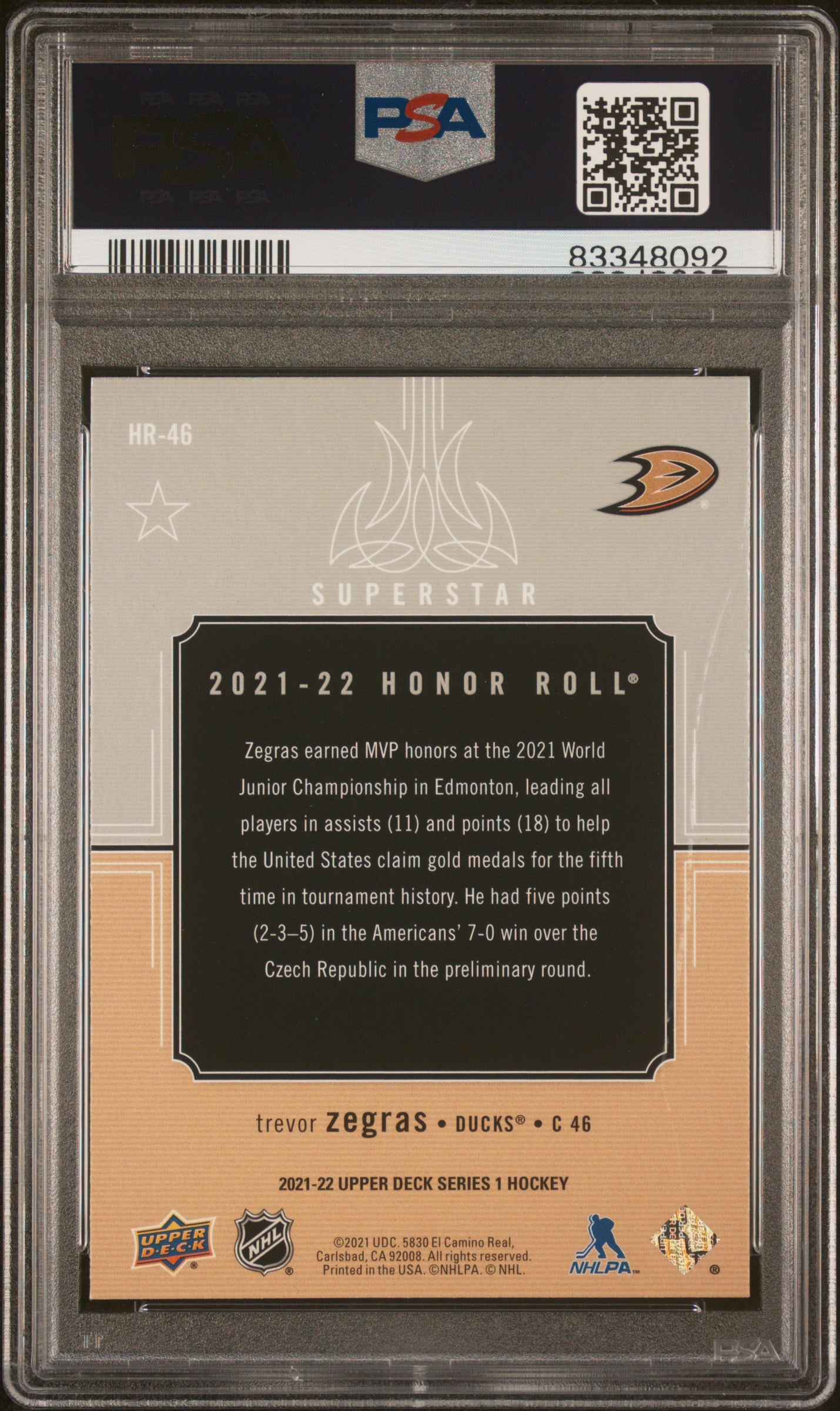 2021-2022 Upper Deck Honor Roll Trevor Zegras #HR46 PSA 10