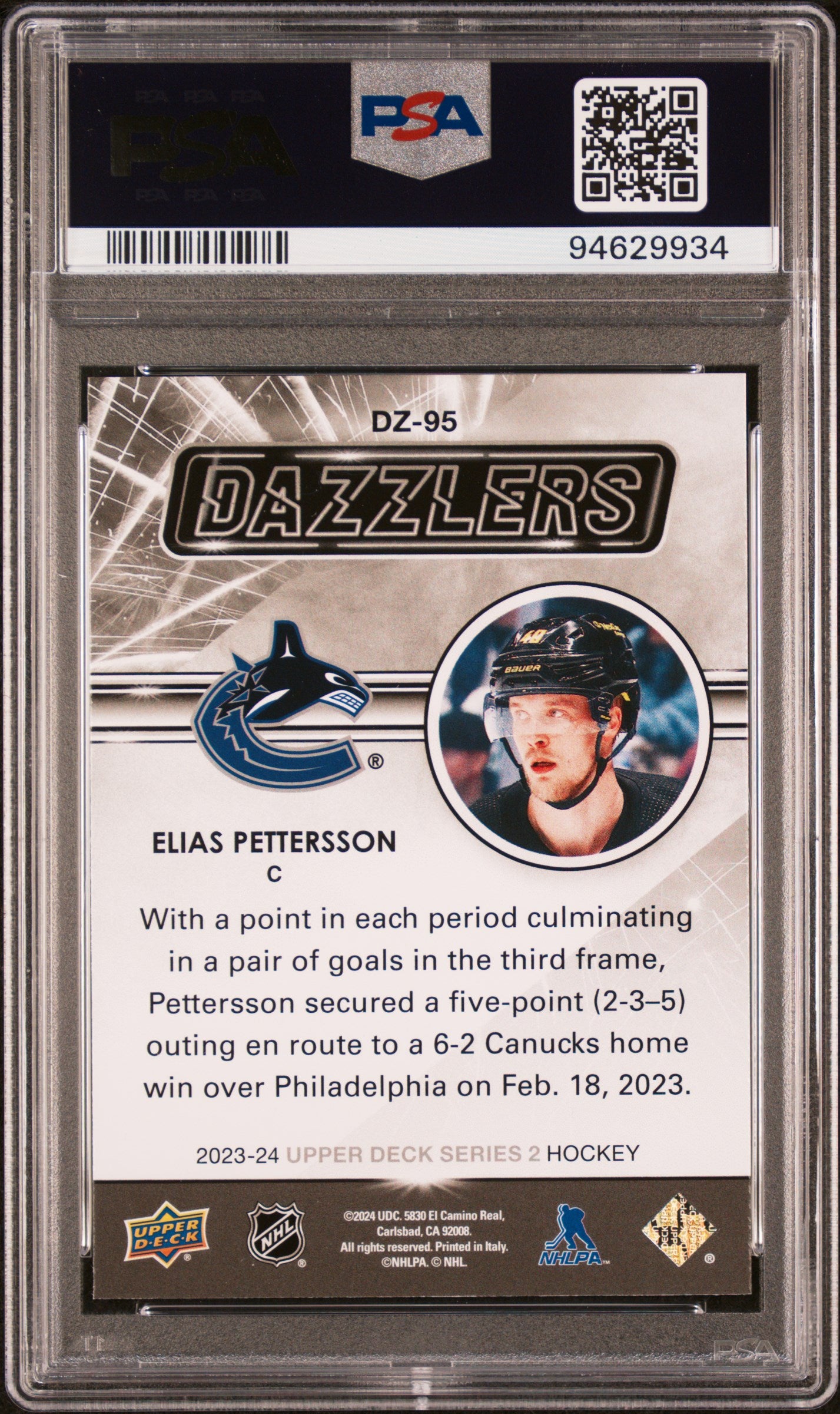 2023 Upper Deck Dazzlers Elias Pettersson #DZ95 Pink PSA 10