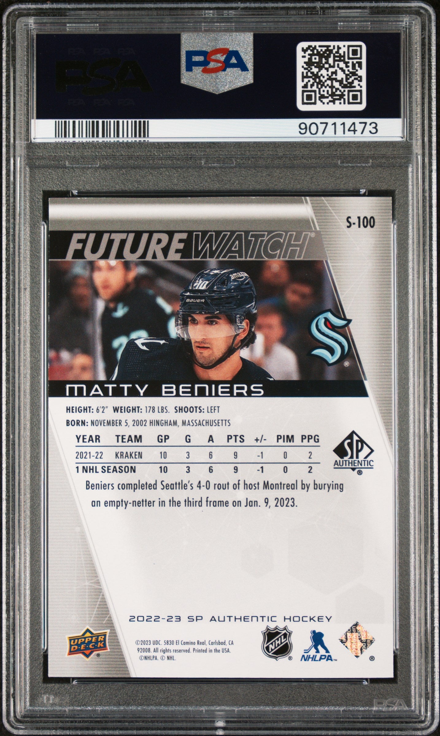 2022 SP Authentic Spectrum FX Black ROOKIE 1/1 Matty Beniers #S100 PSA 8 - 1/1