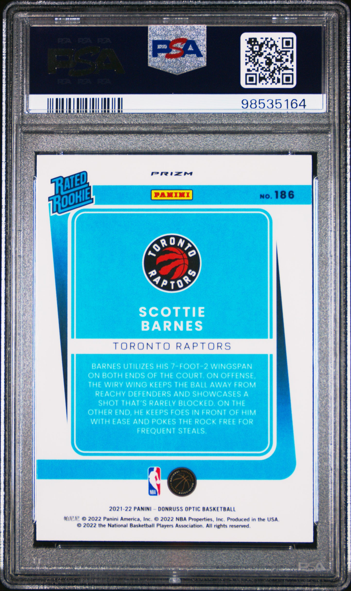 2021 Panini Donruss Optic Scottie Barnes #186 Blue Velocity PSA 8 - ROOKIE
