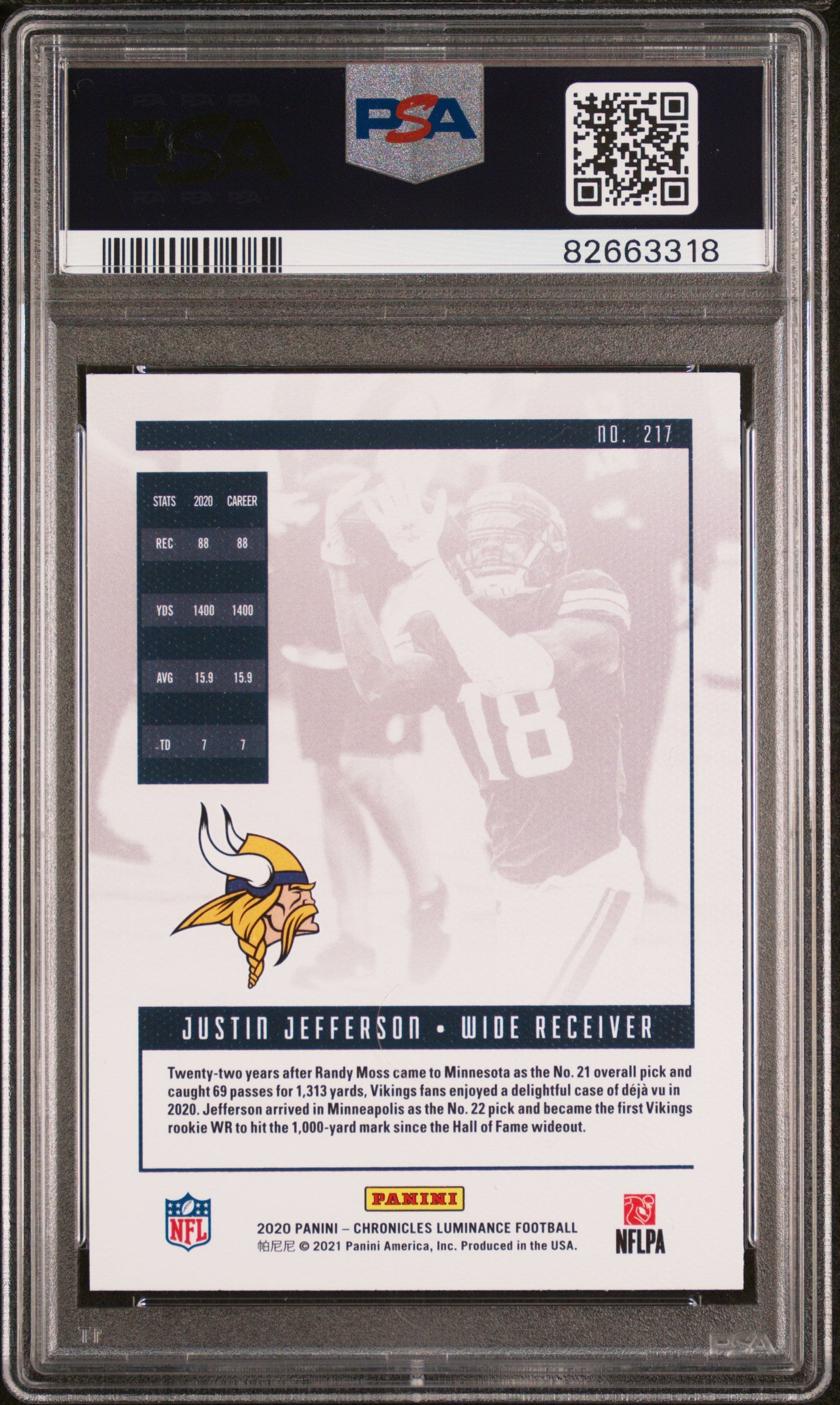 2020 Chronicles - Justin Jefferson #217 - Luminance Rookies Pink - PSA - ROOKIE