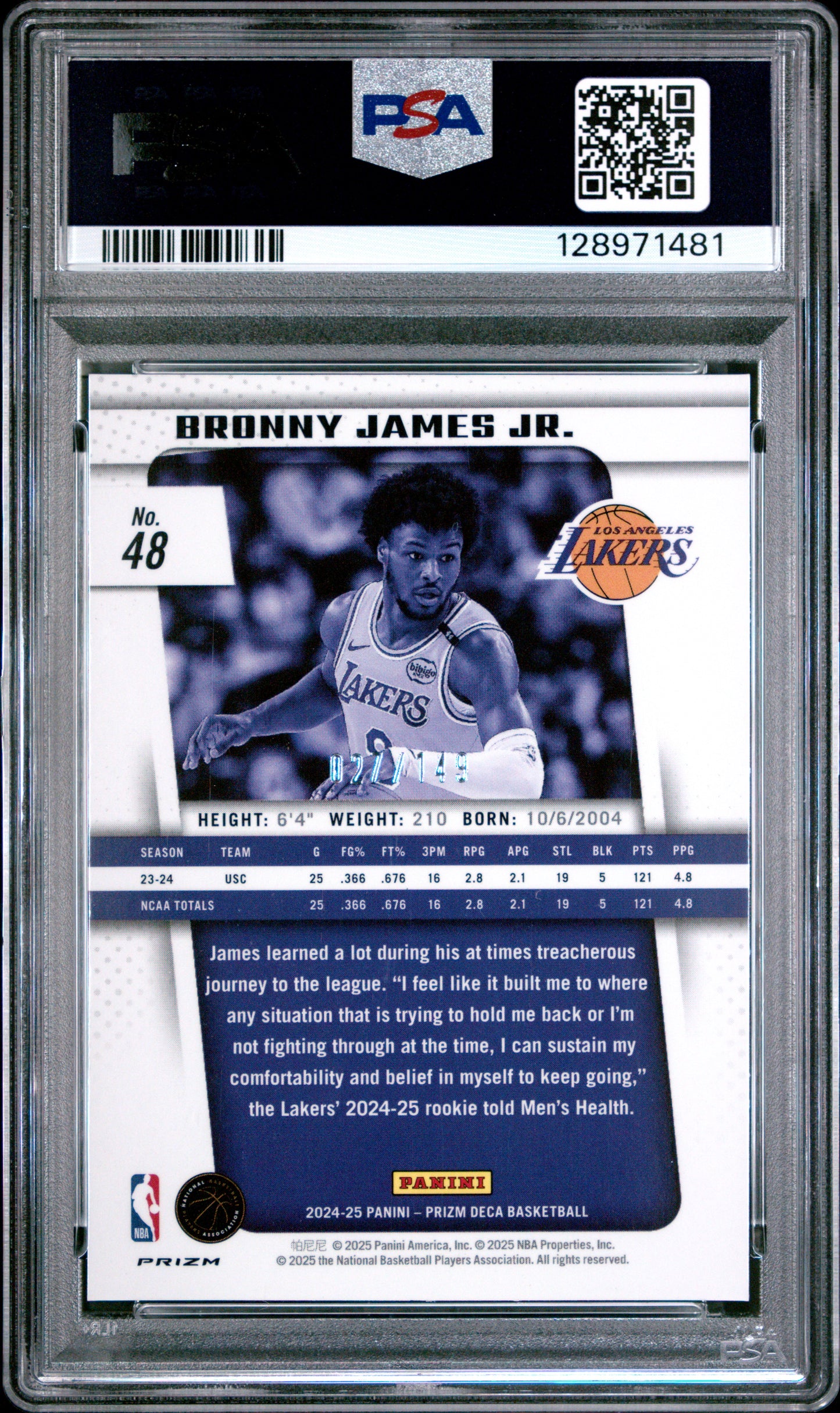 2024 Panini Prizm DECA - Bronny James JR. - Blue Rookie /149 - ROOKIE - PSA 10