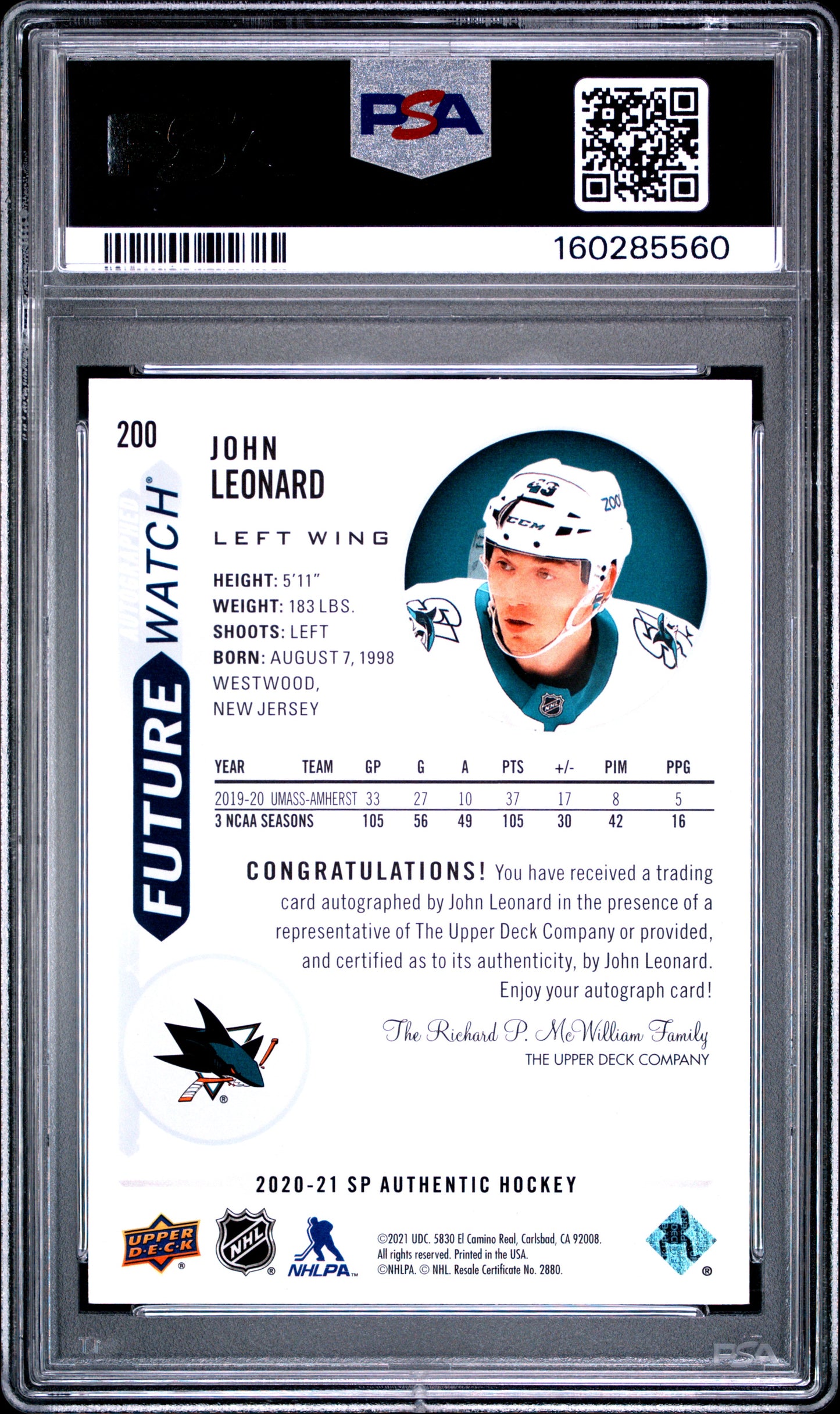 2020 SP Authentic - John Leonard - FUTURE WATCH AUTO /999 - PSA - INSCRIBED /50
