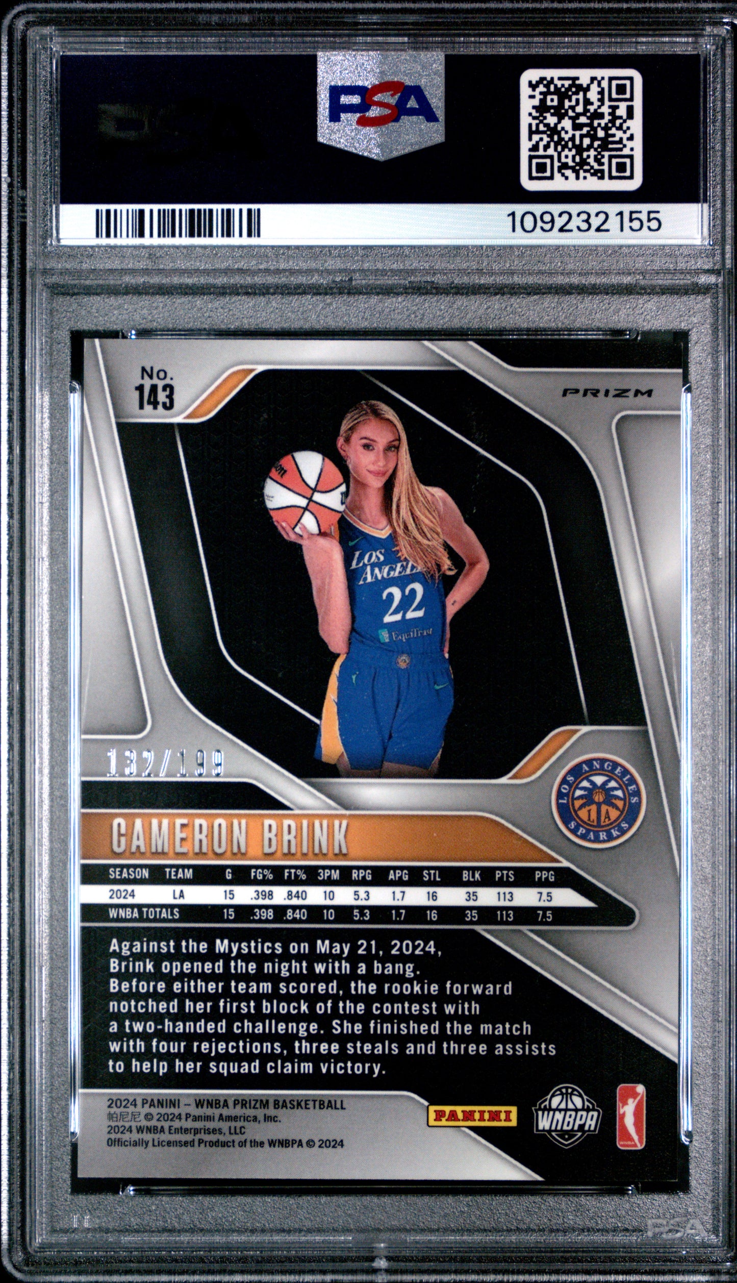 2024 Panini Prizm WNBA - Cameron Brink #143 - ROOKIE - Blue /199 - PSA Blue /199