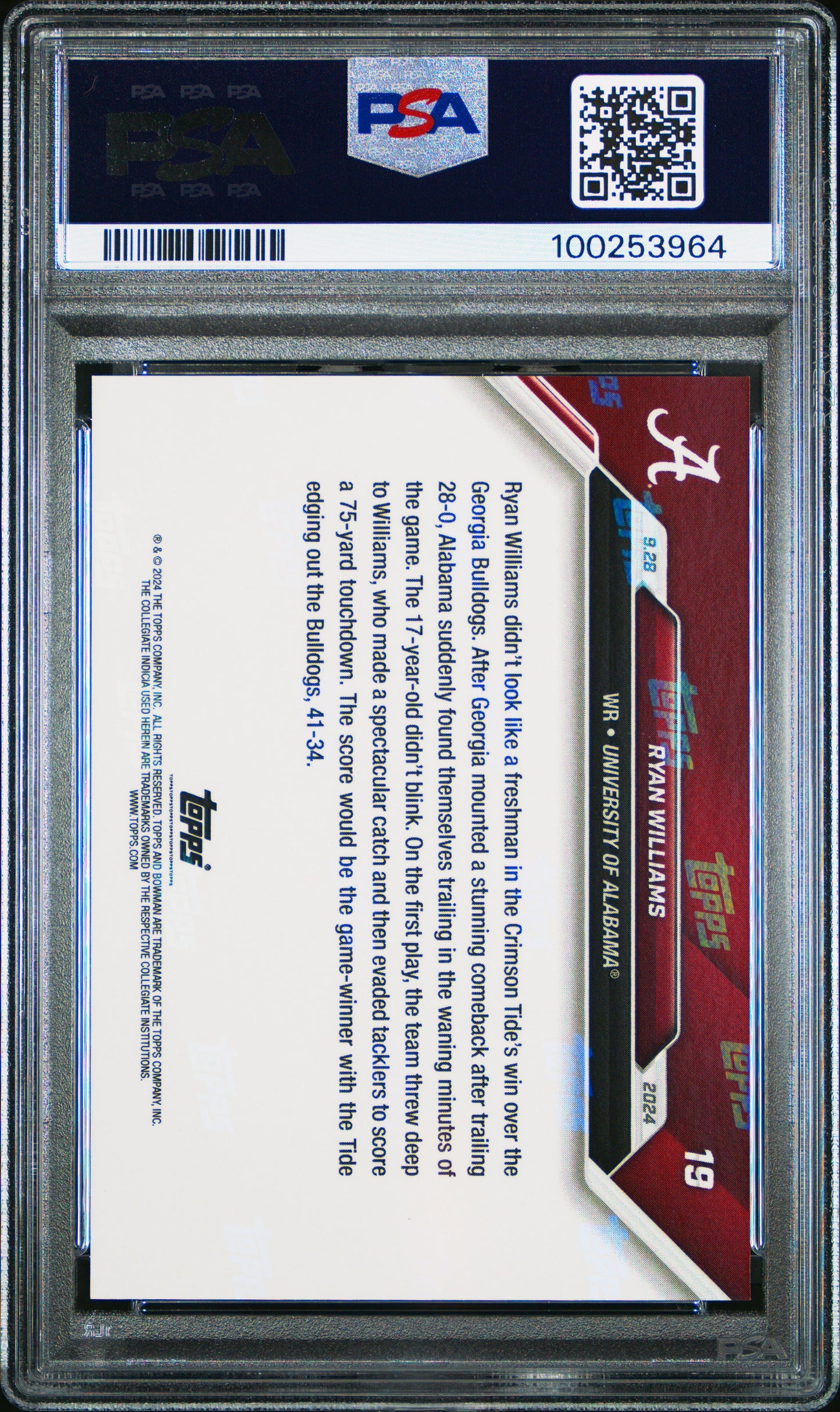 2024 Bowman U Now - Ryan Williams #19 a - Alabama WR - PSA 10