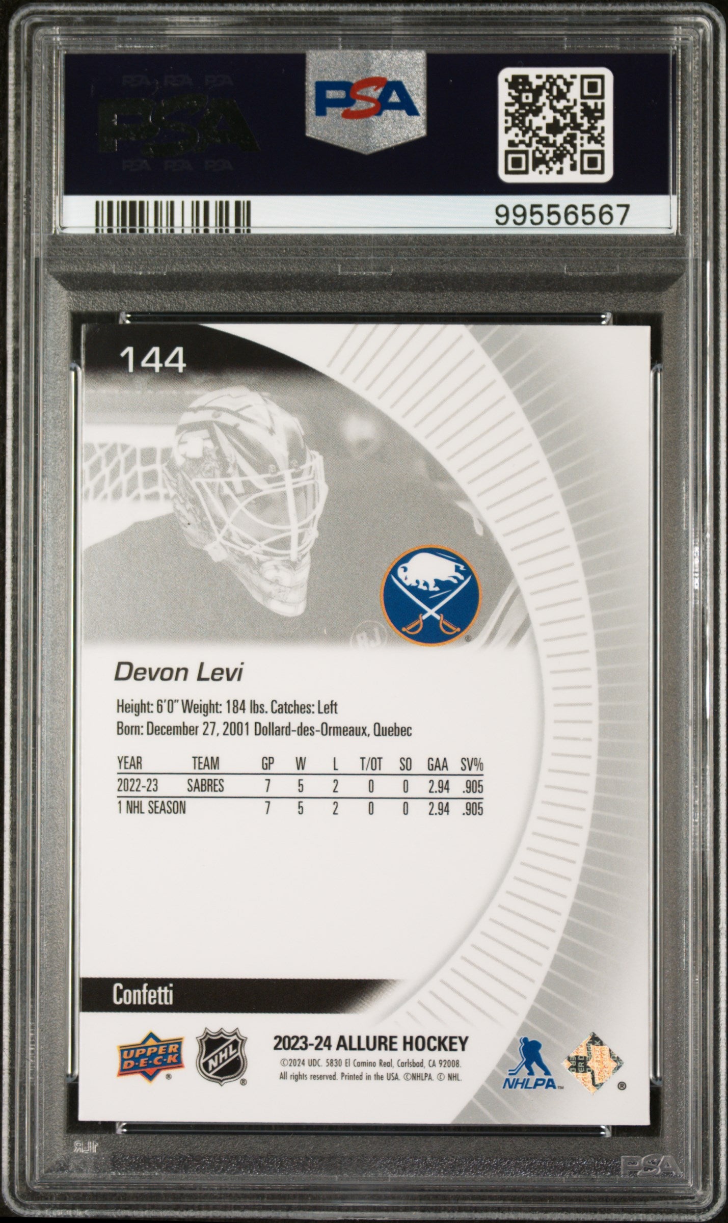 2023 Upper Deck Allure Devon Levi #144 Confetti ROOKIE PSA 10