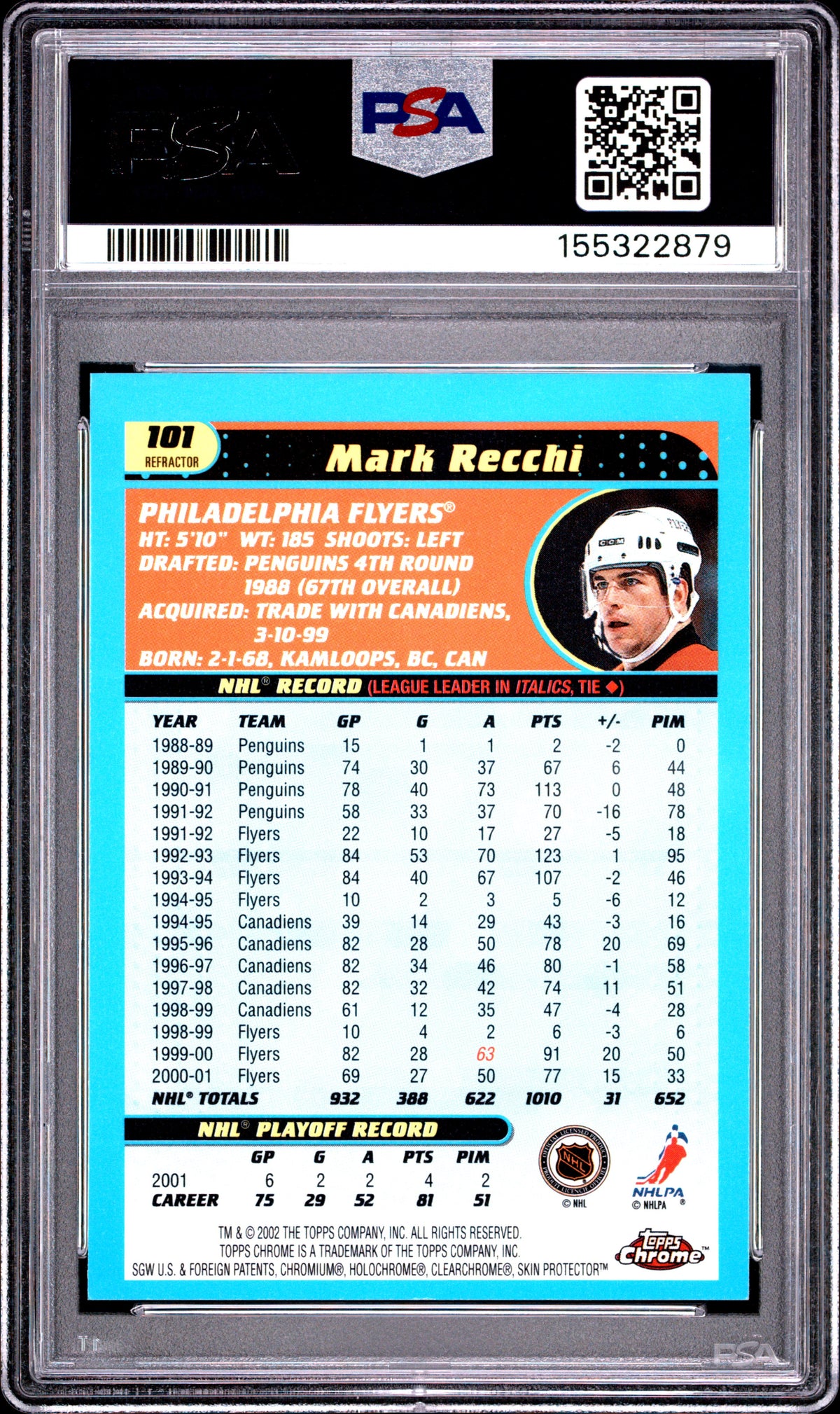 2001 Topps Chrome Hockey - Mark Recchi #101 - REFRACTOR - PSA 9