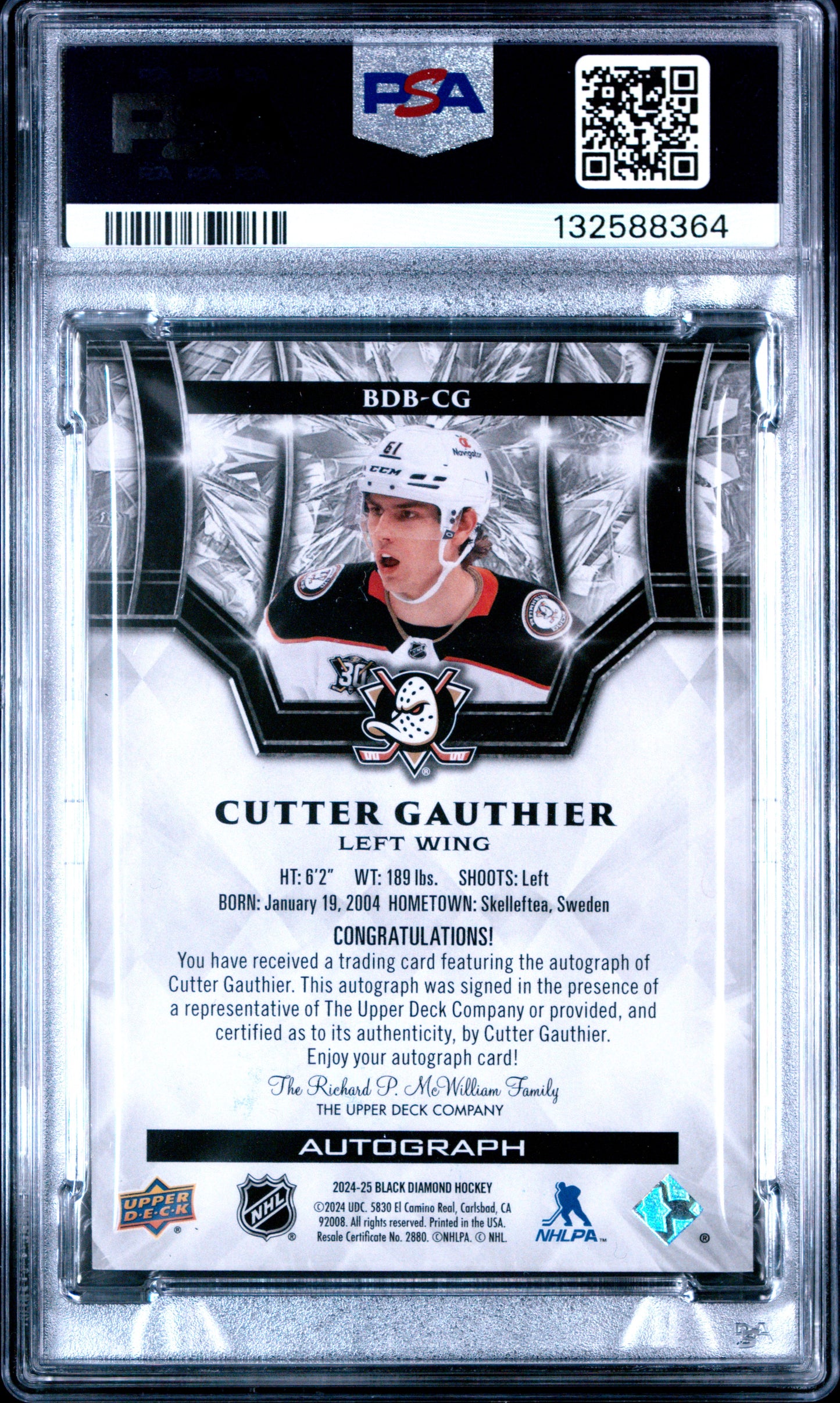 2024 Upper Deck Black Diamond - Cutter Gauthier - Autograph /49 - PSA - AUTO /49