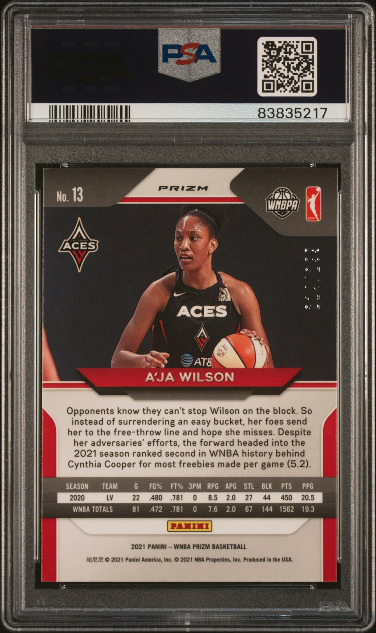 2021 Panini Prizm WNBA - A'ja Wilson #13 - Red Prizm /299 - PSA - RED /299