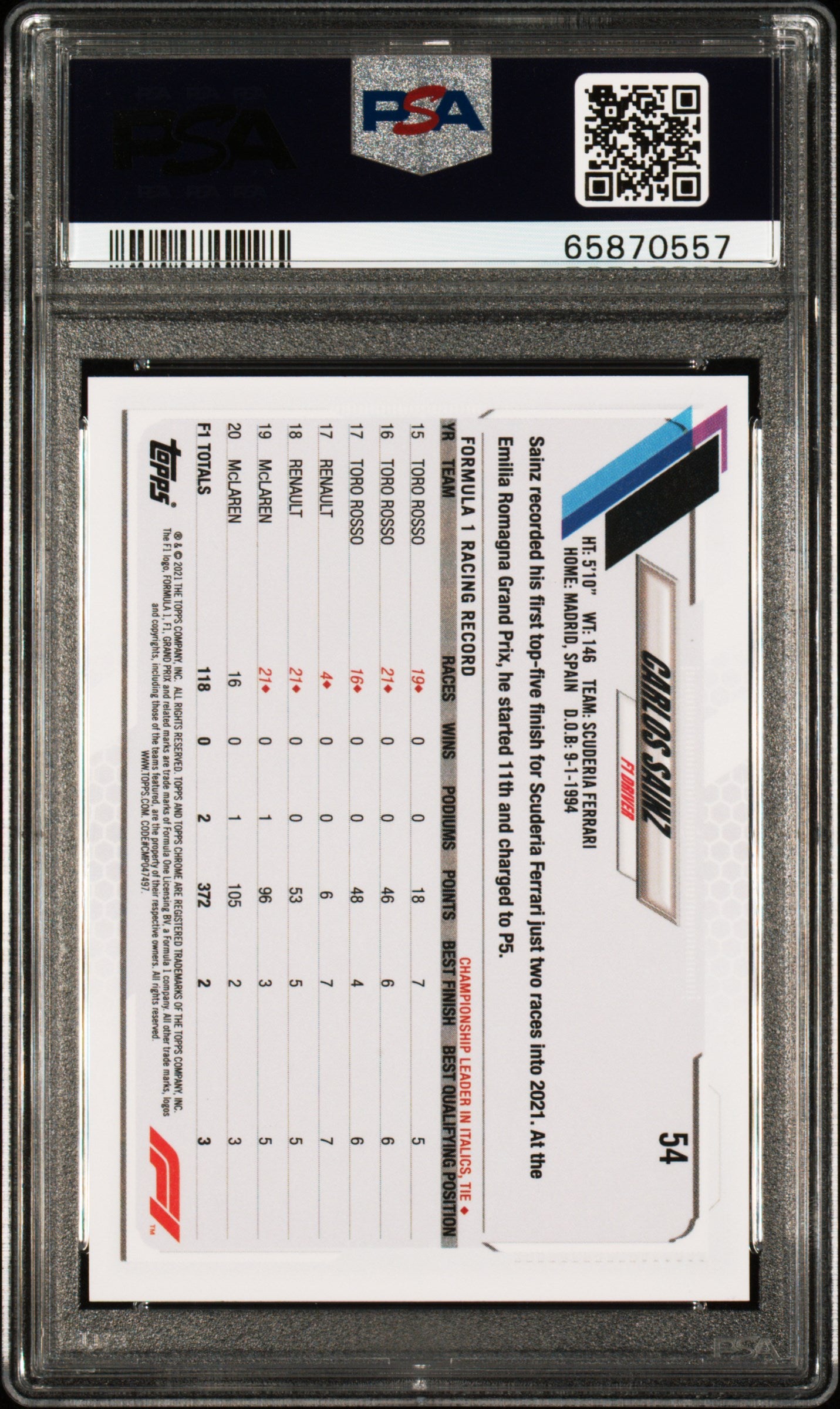 2021 Topps Chrome Formula 1 Carlos Sainz #54 Purple Green Refractor PSA 10