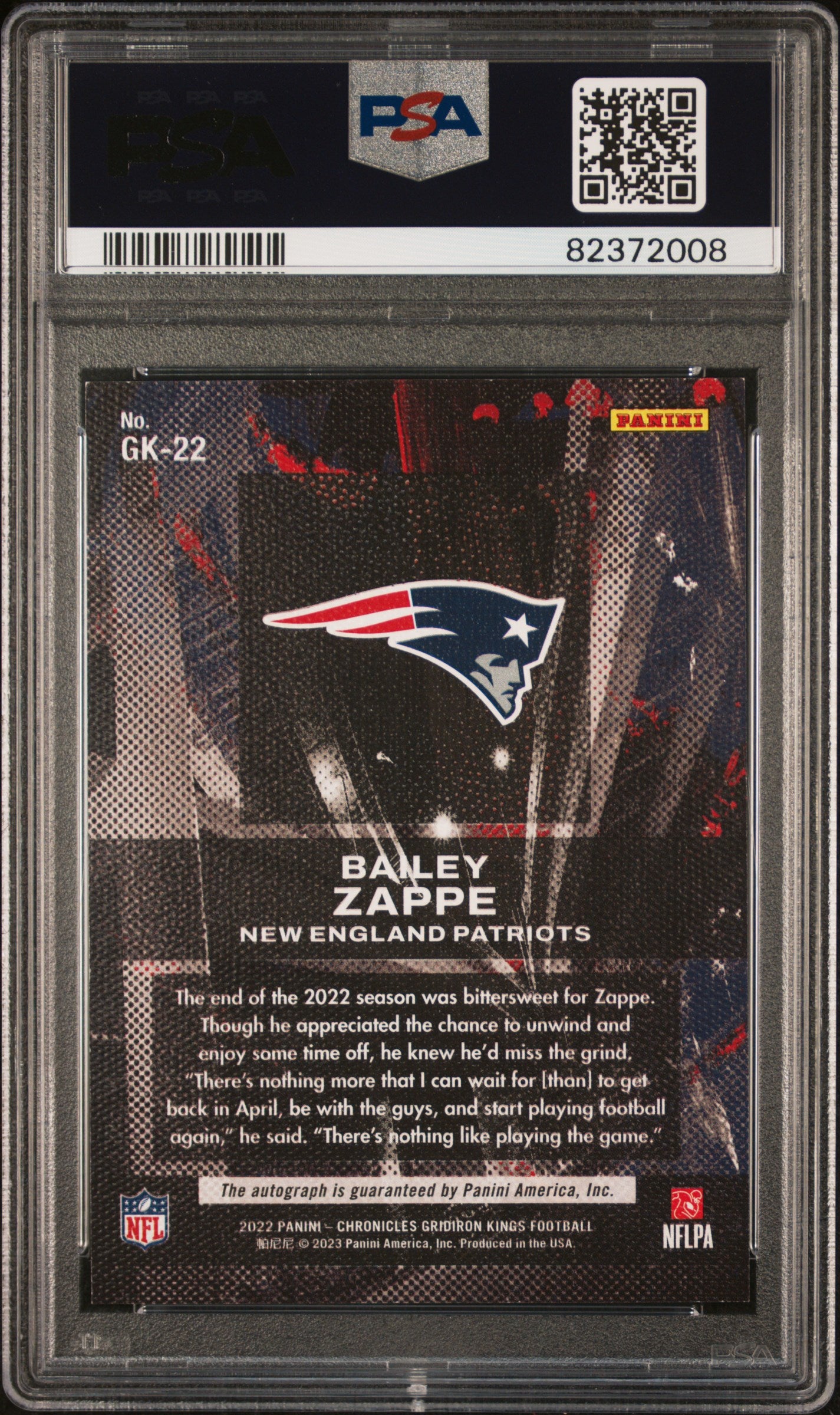 2022 Panini Chronicles Gridiron Kings ROOKIE Bailey Zappe #GK22. PSA 8 Auto 10