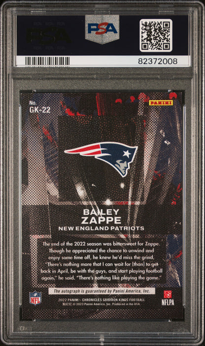 2022 Panini Chronicles Gridiron Kings ROOKIE Bailey Zappe #GK22. PSA 8 Auto 10