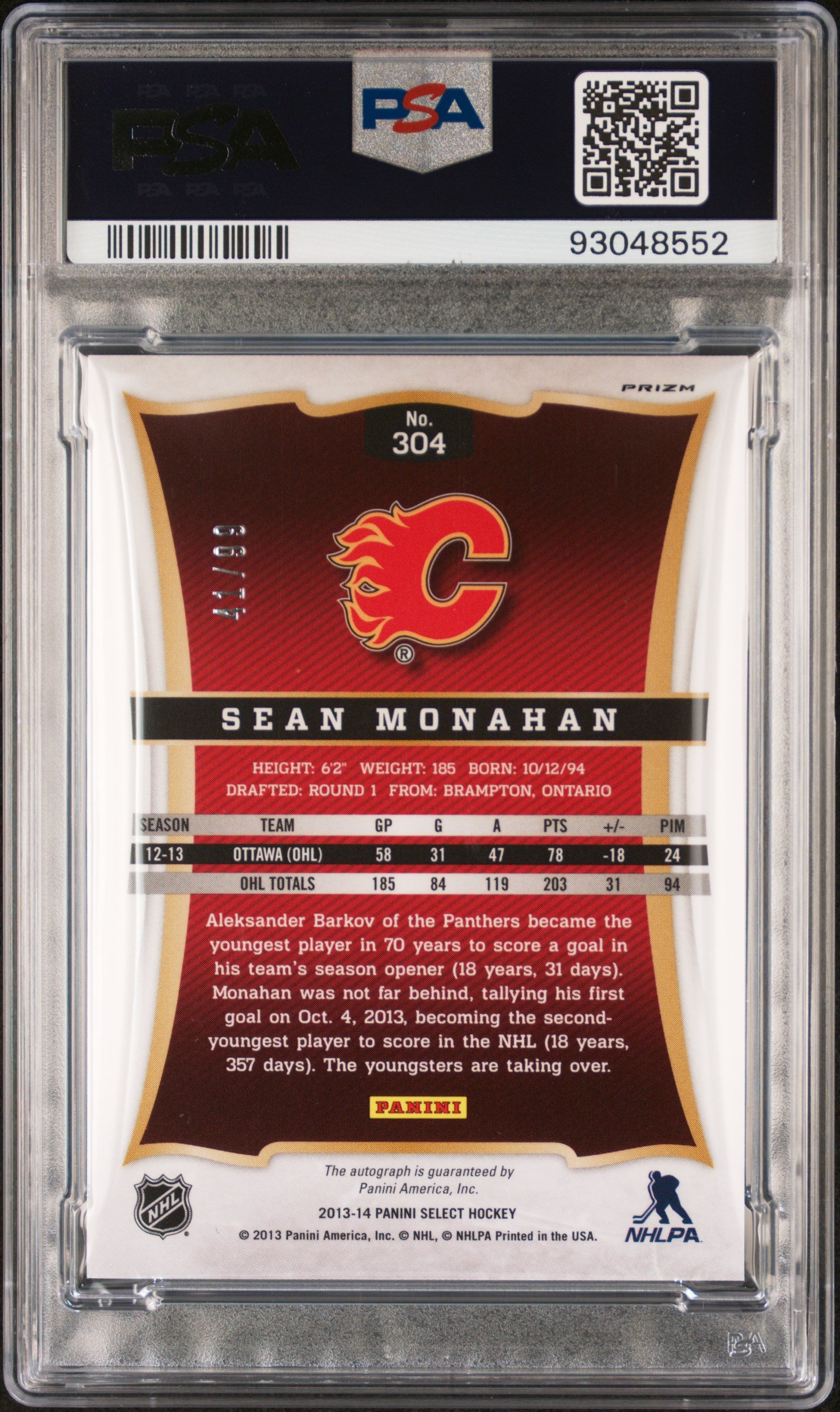 2013 Panini Select Hockey - Sean Monahan #304 - ROOKIE AUTO /99 - PSA - /99