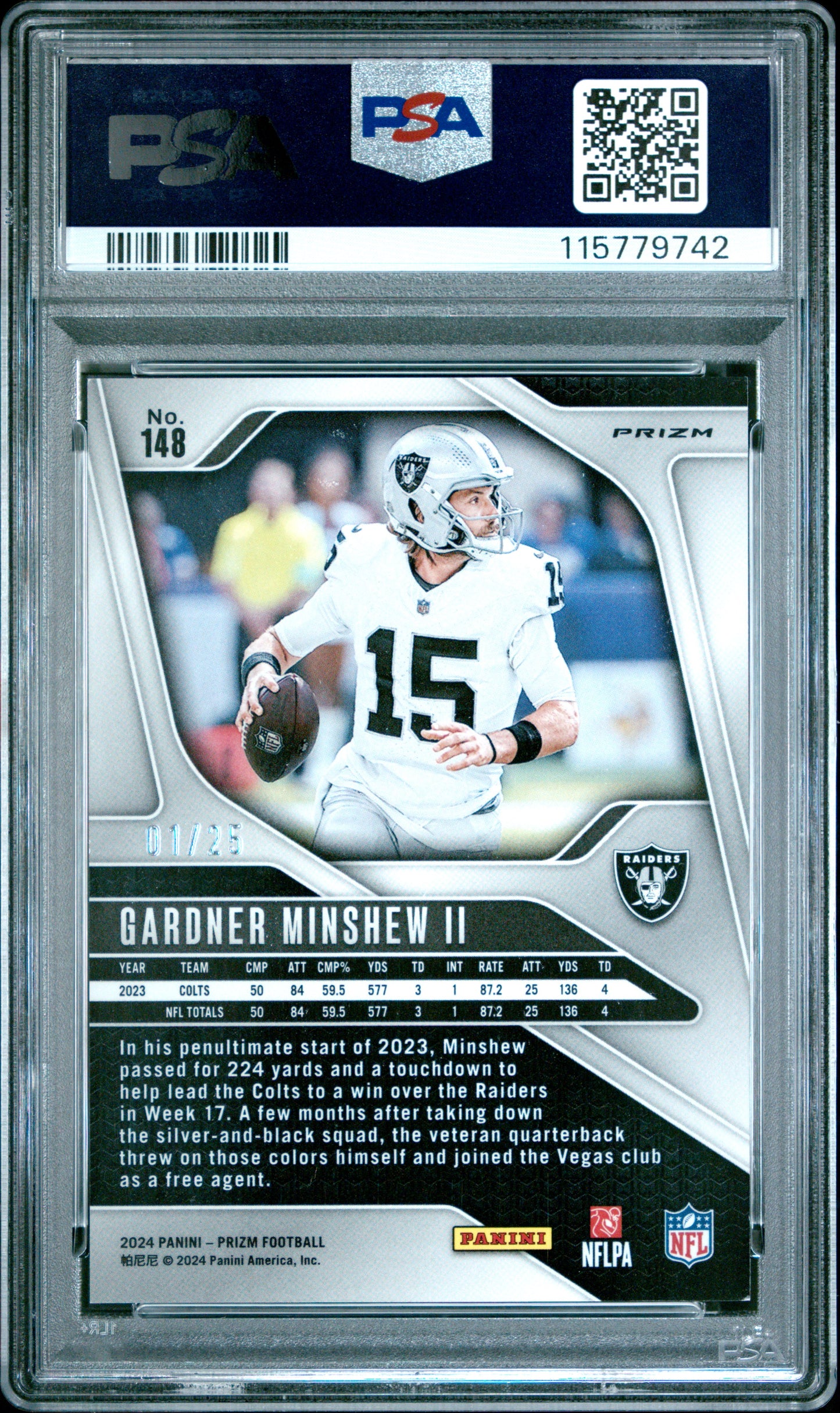 2024 Panini Prizm - Gardner Minshew II #148 - Navy Camo /25 - PSA 9 - /25