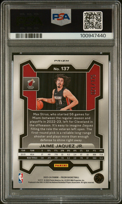 2023 Panini Prizm - Jaime Jaquez JR. - ROOKIE /175 - White Prizm /175 - PSA 10