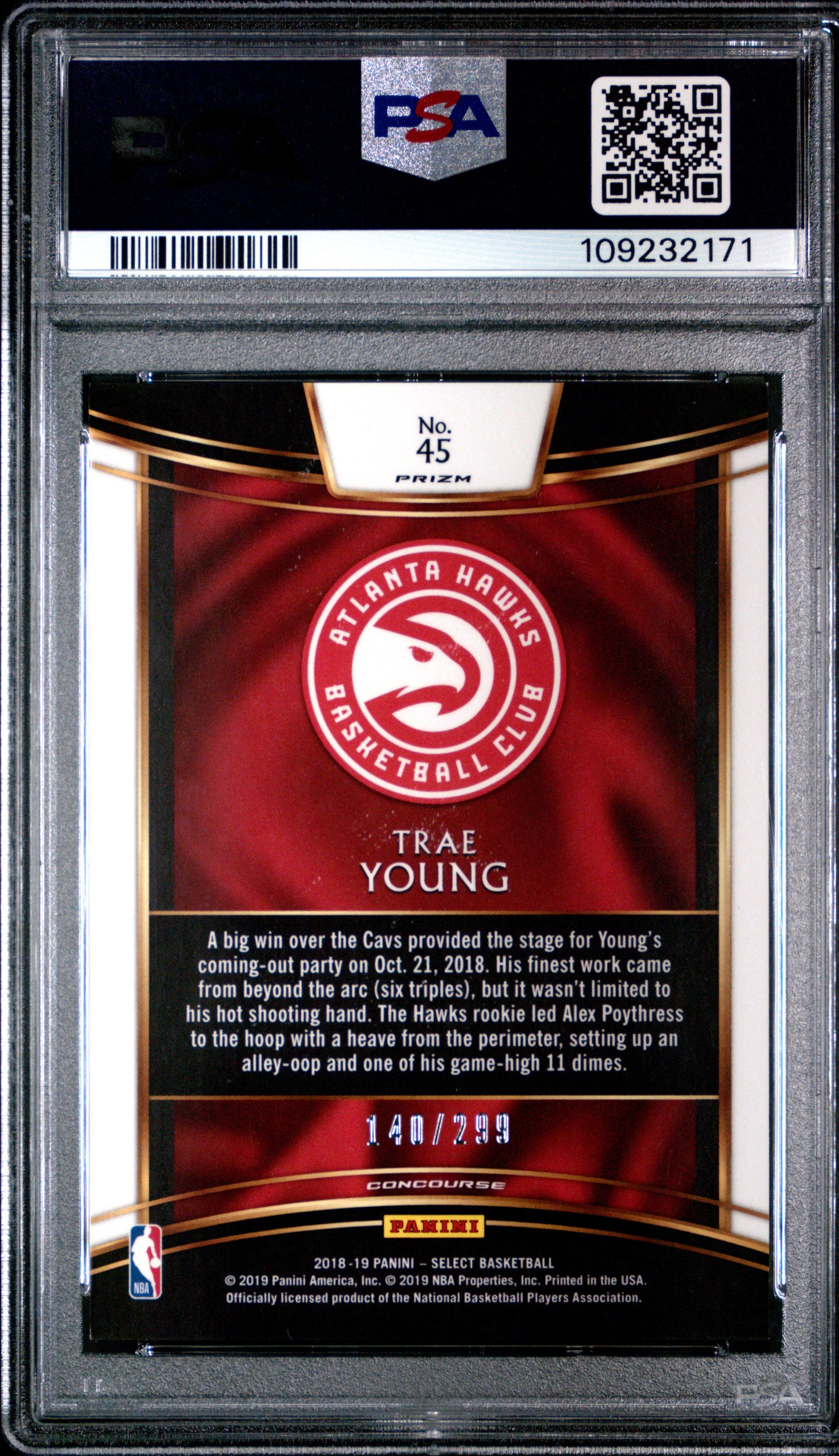 2018 Panini Select - Trae Young #45 - ROOKIE - Light Blue Prizm /299 - PSA 9