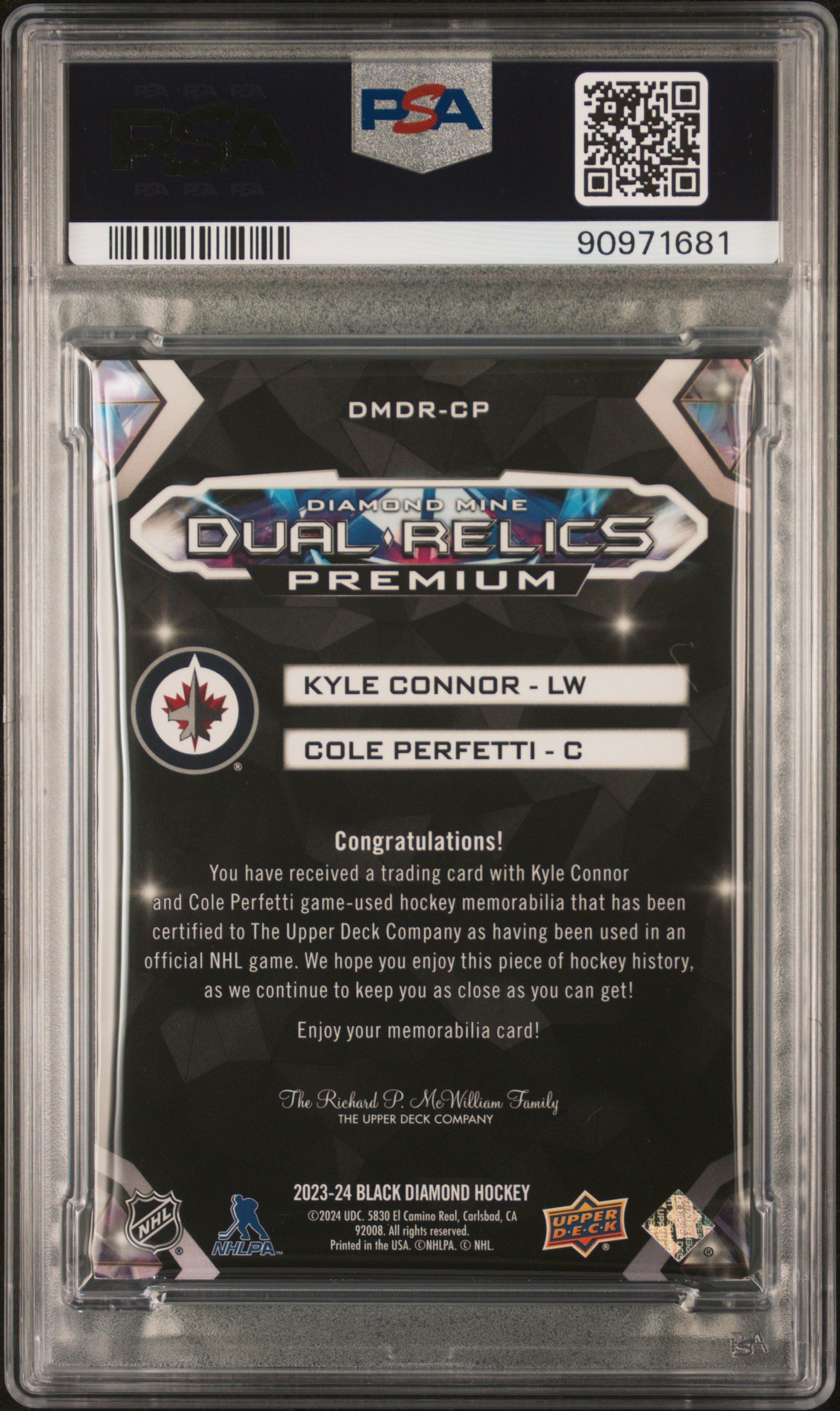 2023 Upper Deck Black Diamond Mine Dual Relics Perfetti + Connor -PSA- GAME USED