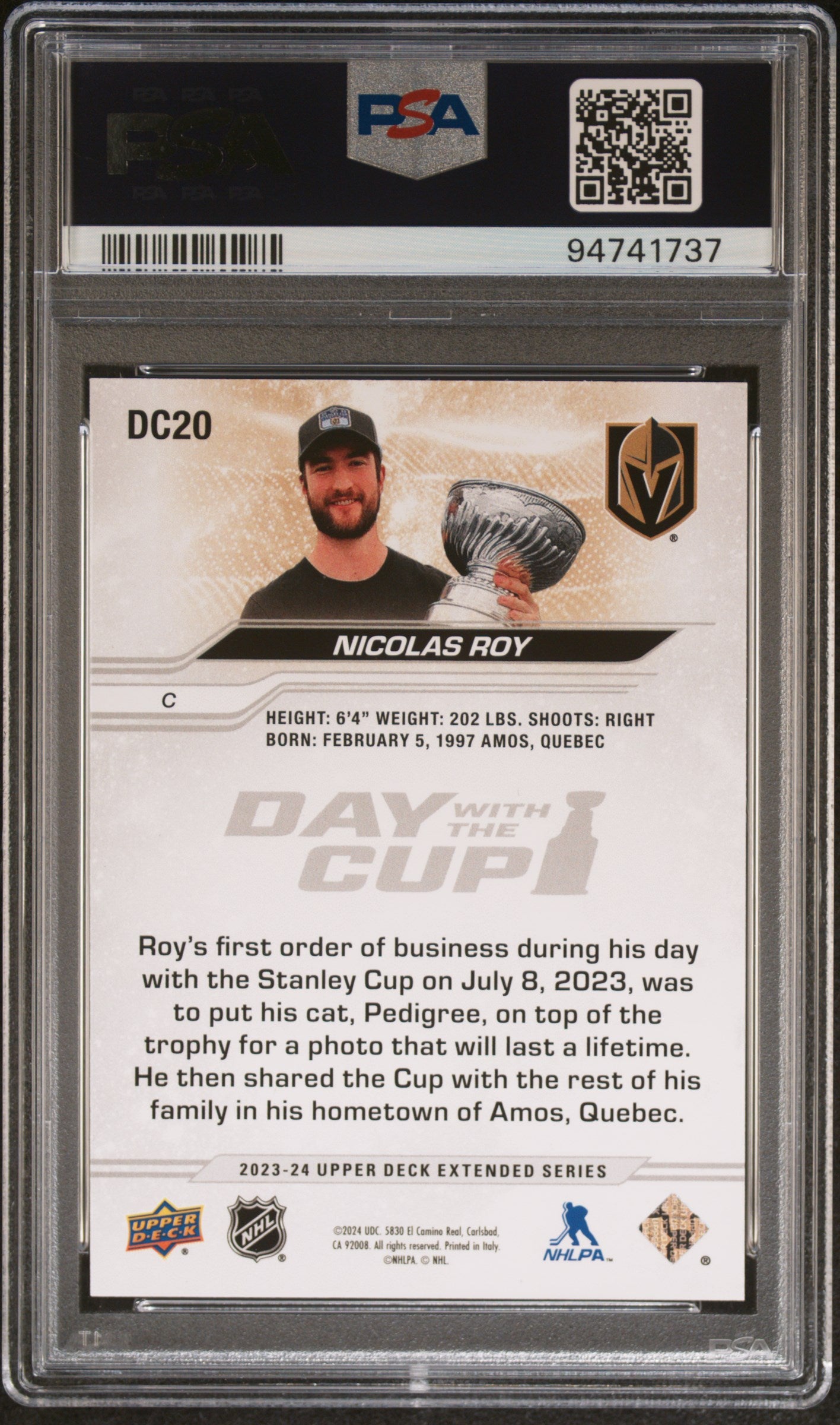 2023 Upper Deck - Nicolas Roy #DC20 - Vegas VGK - Day With The Cup - PSA - SSP