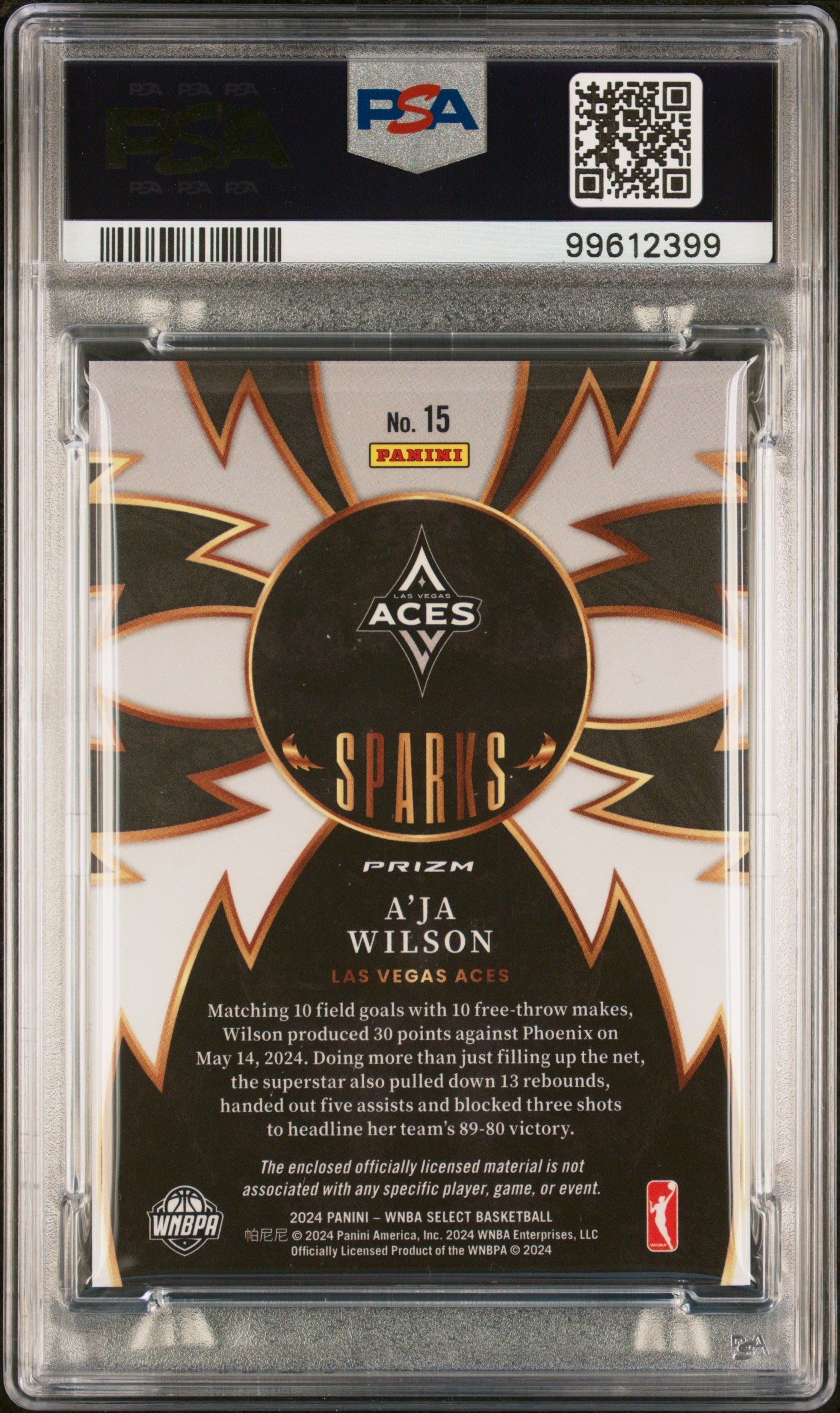 2024 Panini Select WNBA Sparks Memorabilia A'ja Wilson #15 PSA 9