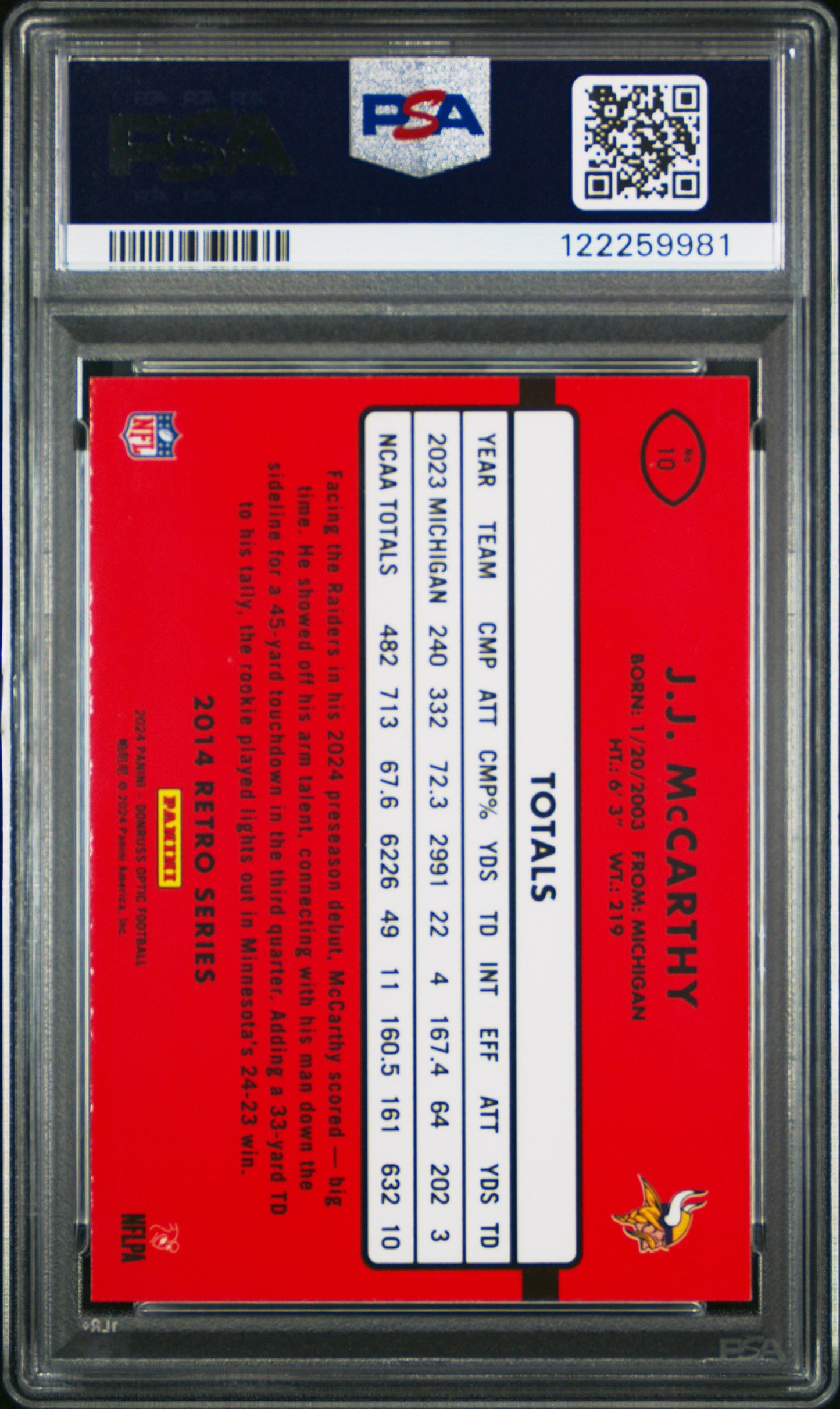 2024 Panini Donruss Optic 2014 - JJ Mccarthy #10 - Retro Series - PSA - ROOKIE