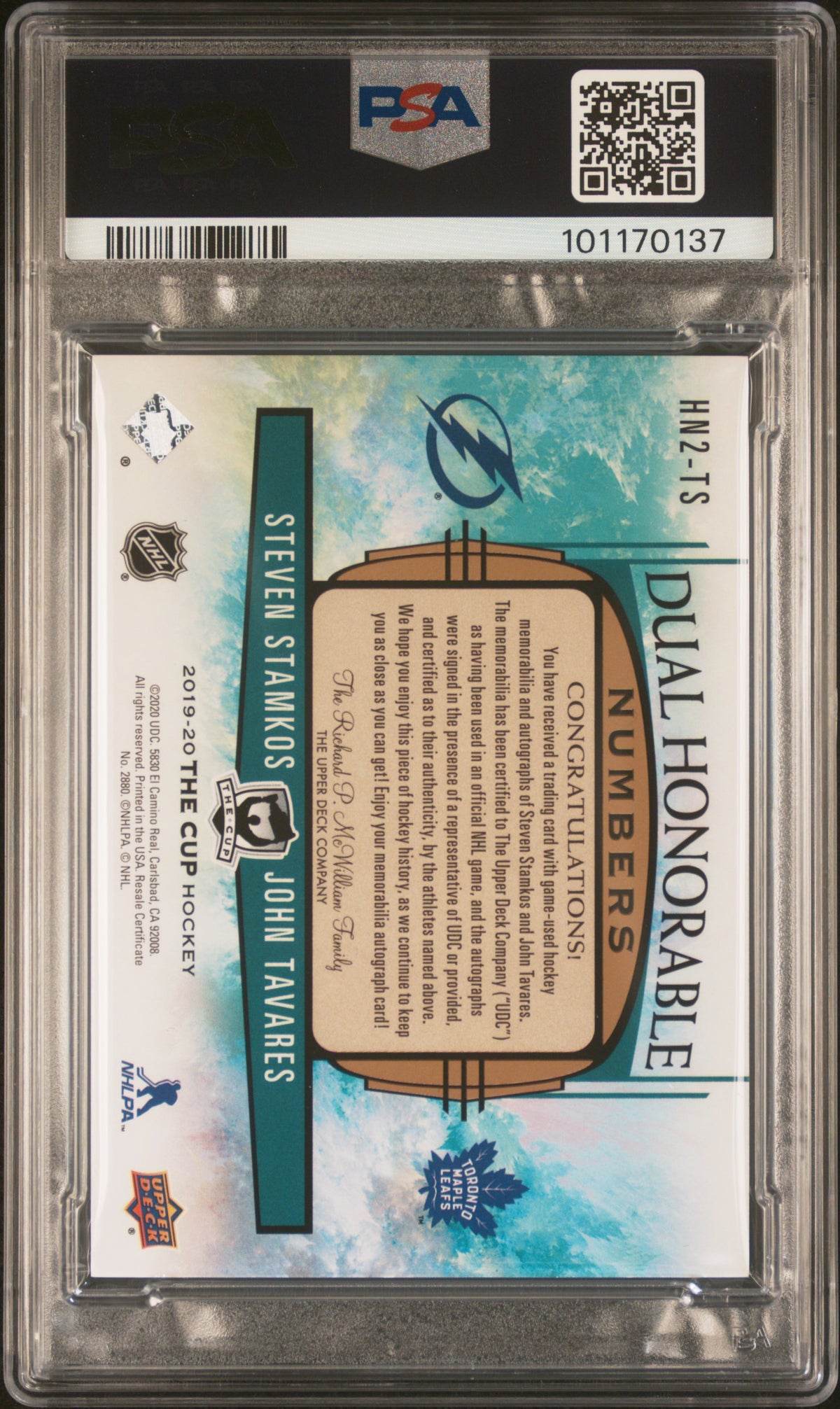 2020 THE CUP - John Tavares/Steven Stamkos  - Hnrbl. Num - DUAL AUTO /9 - PSA 10