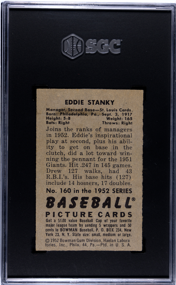 1952 Bowman MLB Baseball - Eddie Stanky #160 - SGC 5