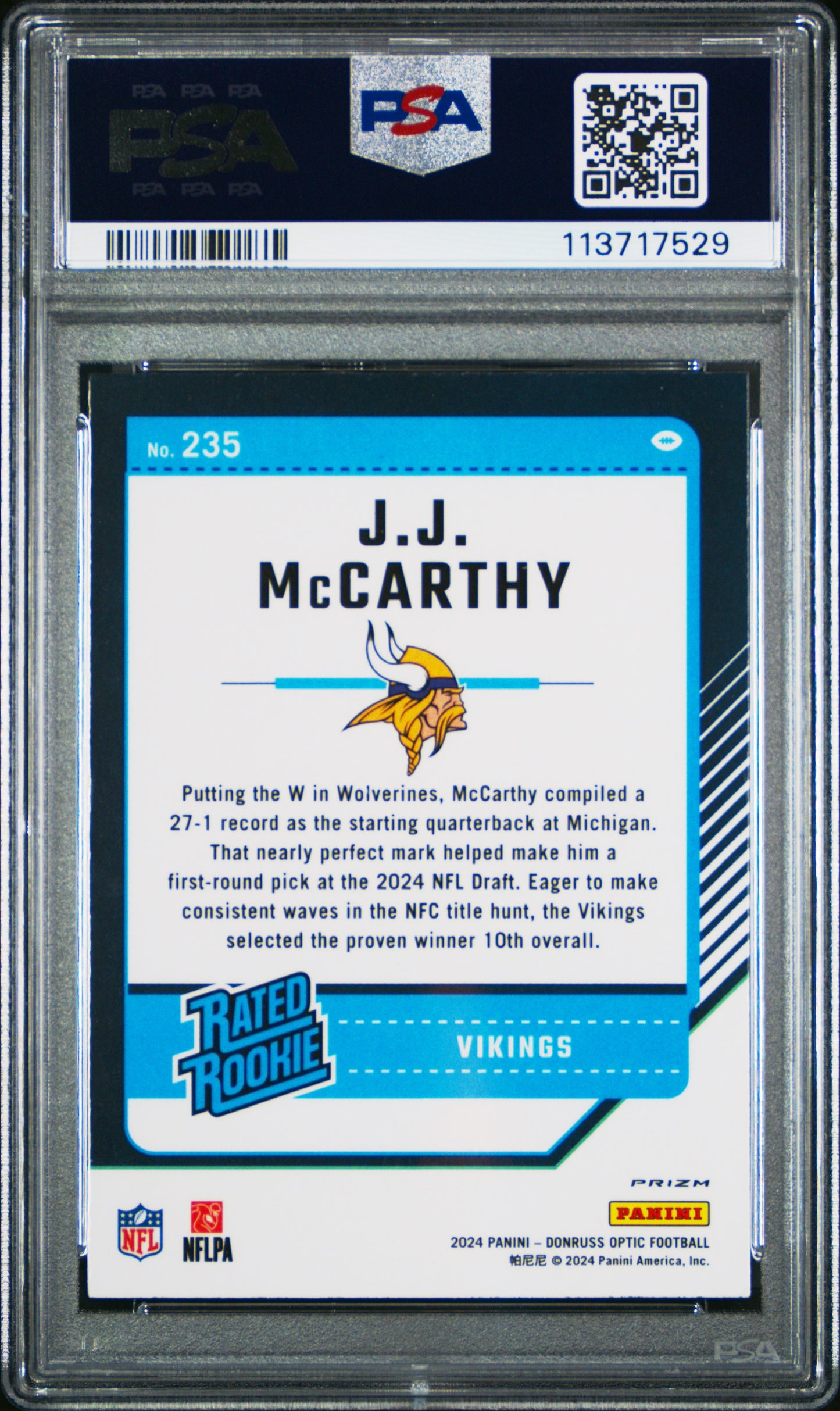 2024 Panini Donruss Optic - JJ Mccarthy #235 - ROOKIE - Pink Parallel - PSA