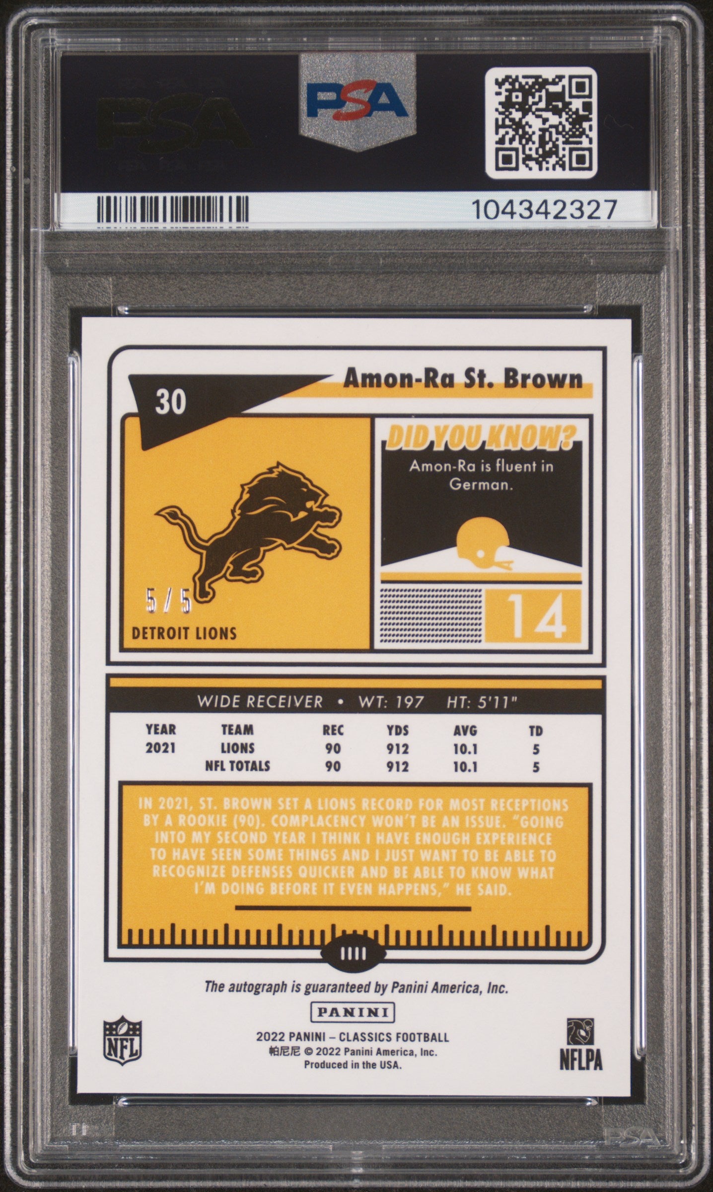 2022 Panini Classics - Amon-Ra St. Brown - AUTO - Blue 5/5 - PSA - 5/5 AUTO