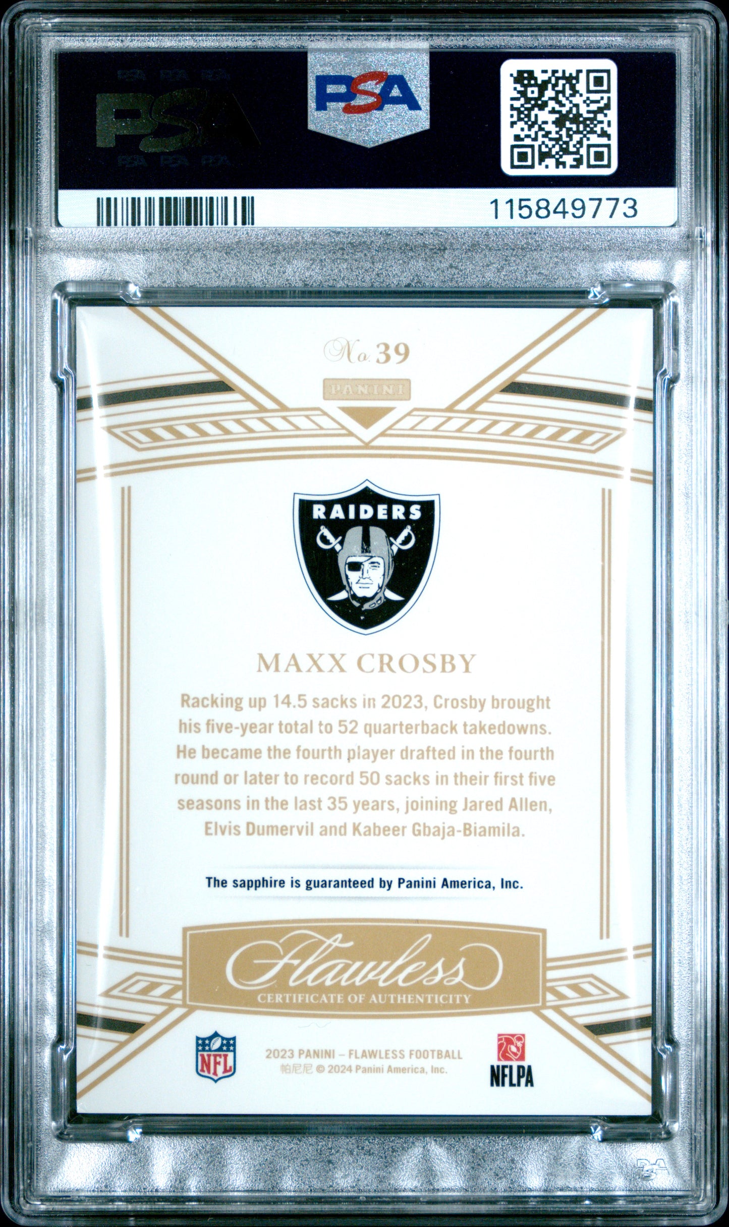 2023 Flawless - Maxx Crosby #39 - Sapphire /15 - PSA 8 - SAPPHIRE /15 - PSA