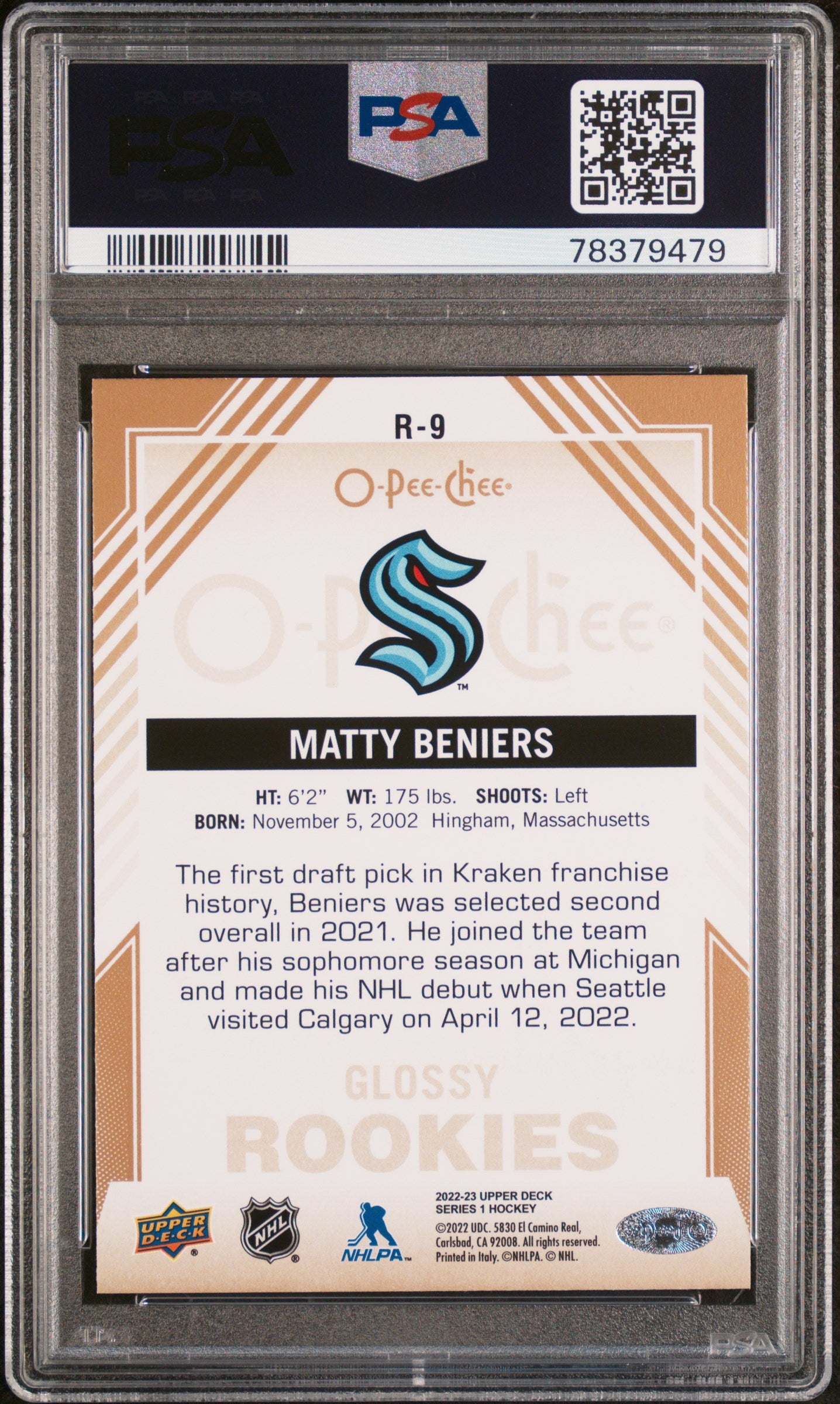 2022 Upper Deck O-Pee-Chee Glossy Gold ROOKIE Matty Beniers #R9 PSA 10