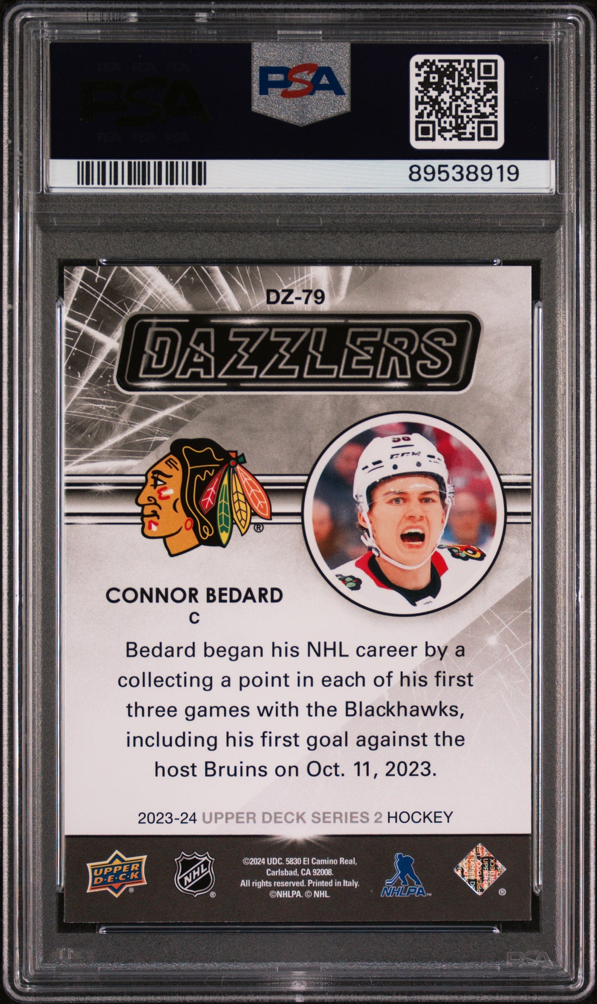 2023 Upper Deck - Connor Bedard #DZ79 - Dazzlers Blue - PSA 8