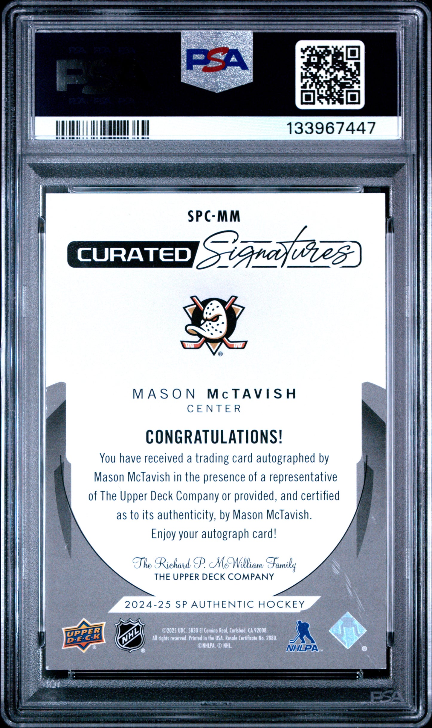 2024 SP Authentic - Mason Mctavish #SPCMM - Curated Signatures /299 - PSA - /299