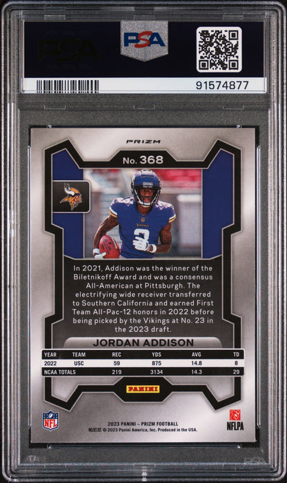 2023 Panini Prizm - Jordan Addison #368 - ROOKIE - Red/White/Blue Prizm - PSA 9