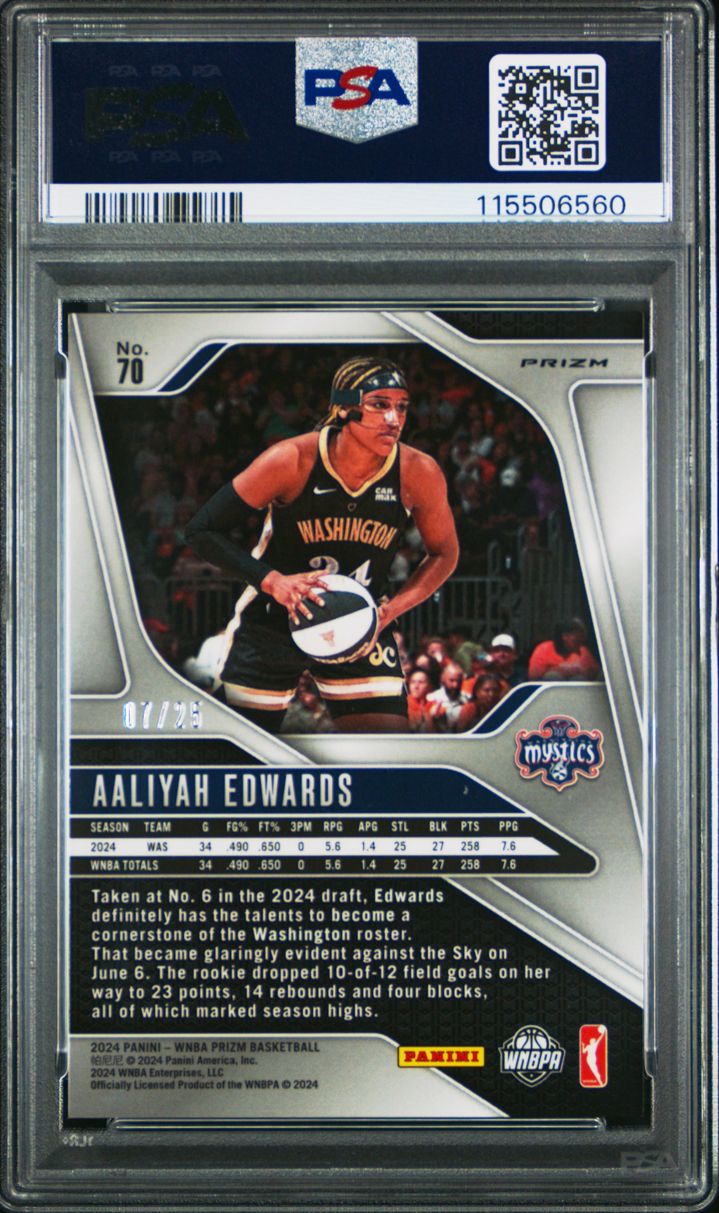 2024 Panini Prizm WNBA- AALIYAH EDWARDS #70b - Mojo Prizm /25 - PSA - ROOKIE /25