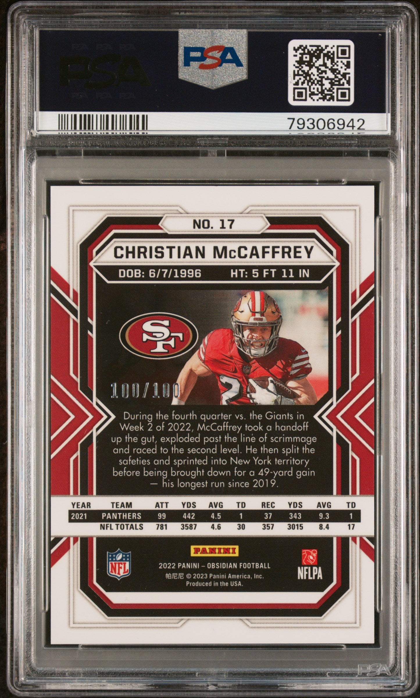 2022 Panini Obsidian Christian Mccaffrey Electric Etch Purple - /100 PSA 9 -/100